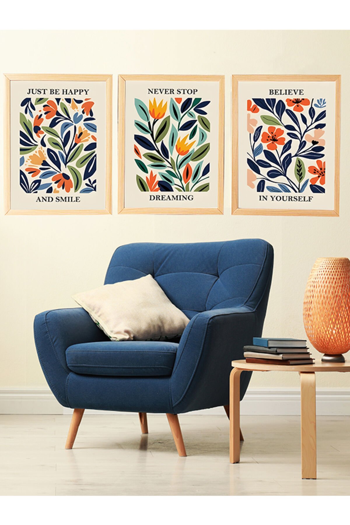 LİNWOOD Üçlü Çerçeveli MDF Soyut Çiçek Sanatsal Natural Lamine Ahşap Görünümlü