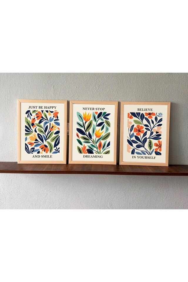 LİNWOOD Üçlü Çerçeveli MDF Soyut Çiçek Sanatsal Natural Lamine Ahşap Görünümlü