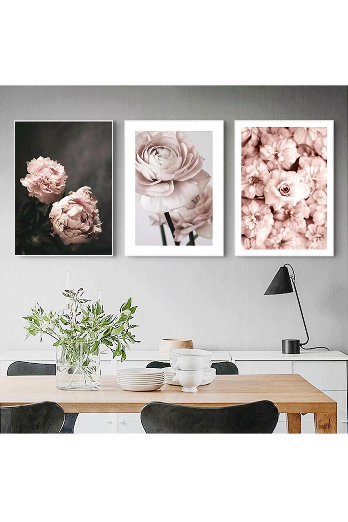 3lü Gümüş Metal Çerçeveli Pembe Gül Çiçek Camlı Tablo Seti