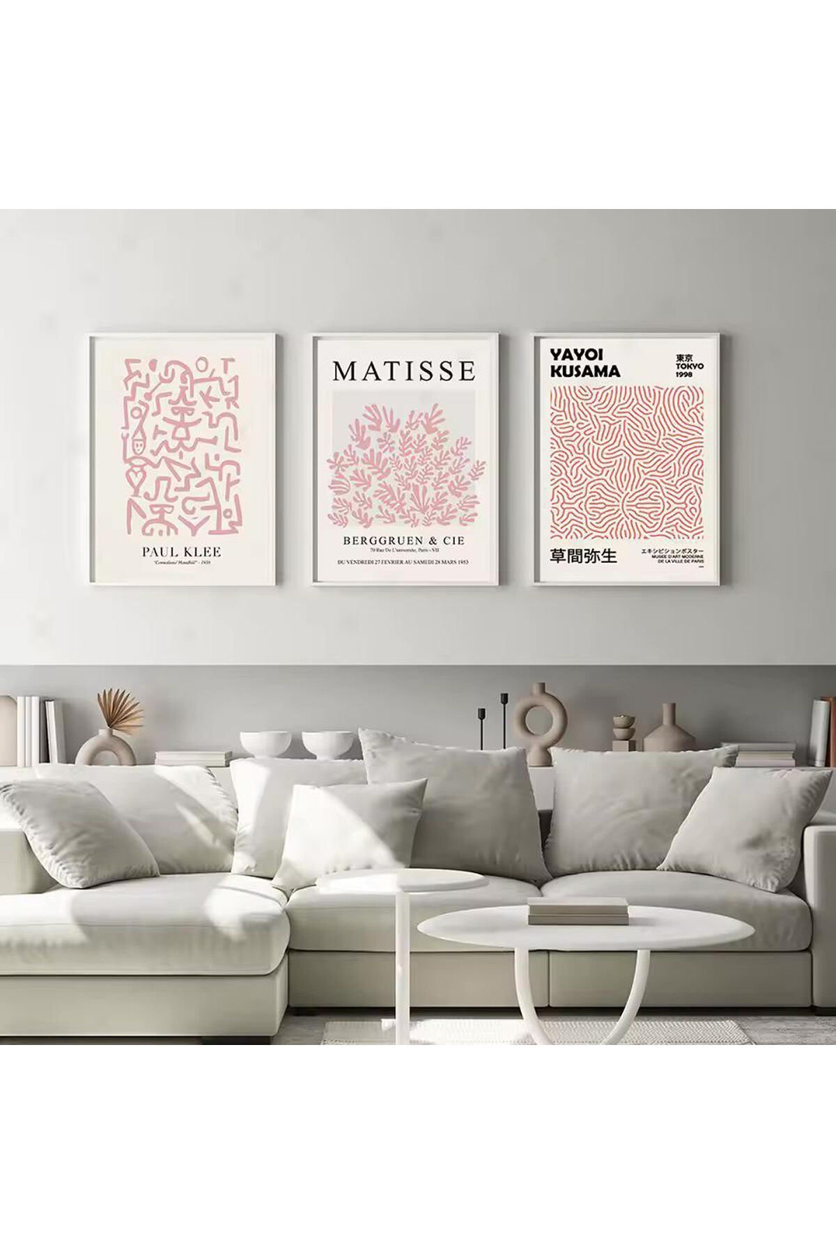 3lü Beyaz Metal Çerçeve Kahve Pembe Modern Yayoi Cam Tablo Seti