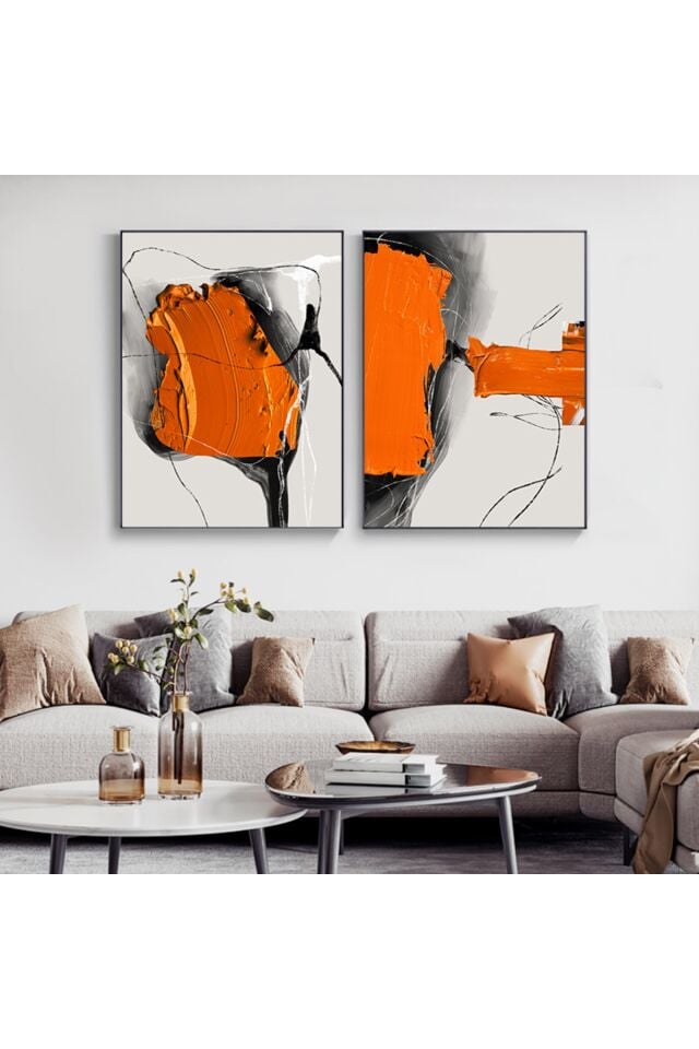 Ikili Siyah Alüminyum Metal Çerçeveli Turuncu Yağlı Boya Efekti Camlı Tablo Seti