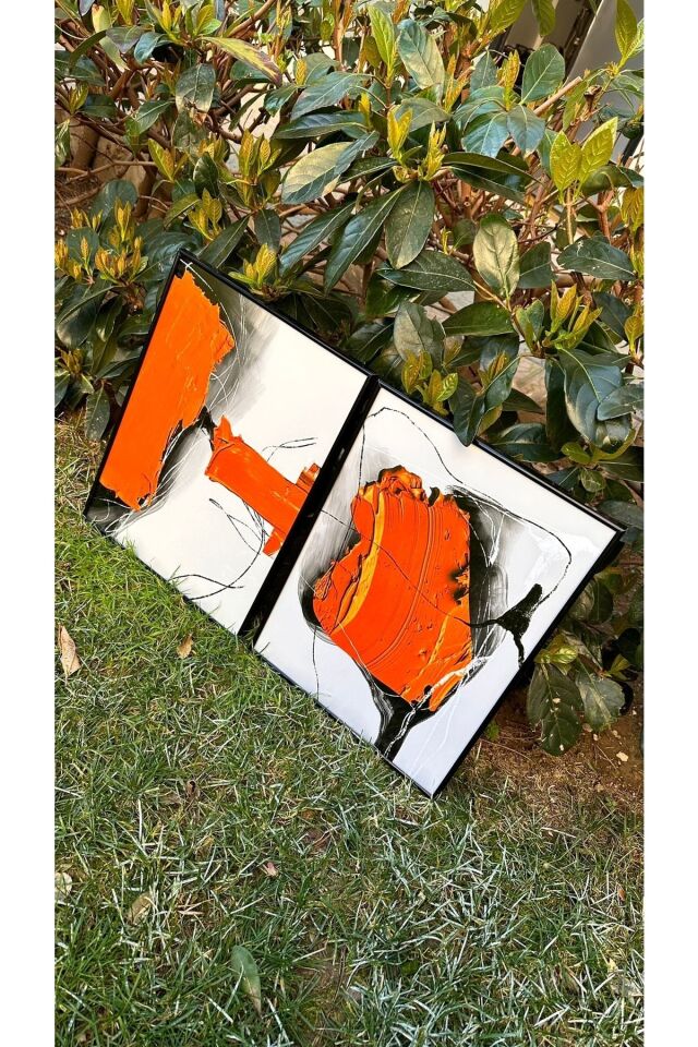 Ikili Siyah Alüminyum Metal Çerçeveli Turuncu Yağlı Boya Efekti Camlı Tablo Seti