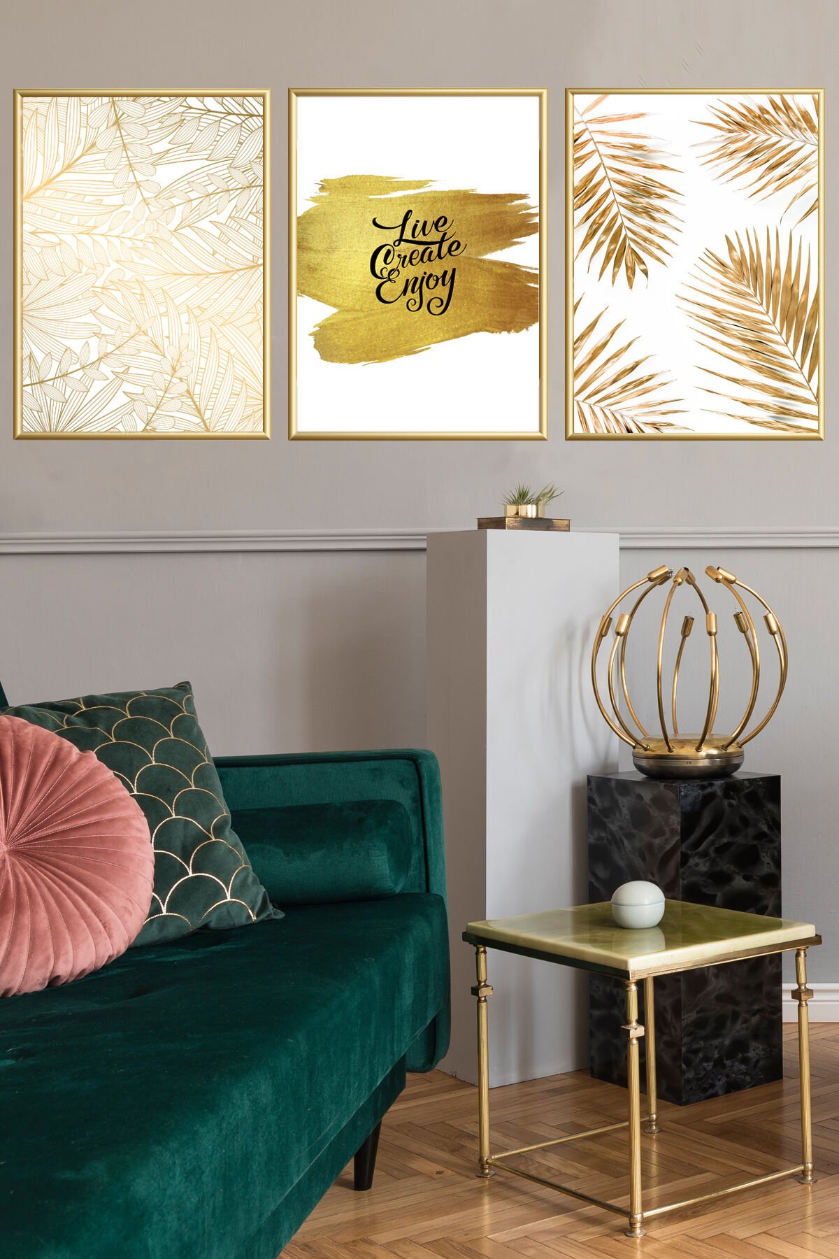 Üçlü Gold Metal Camlı Motto Alüminyum Çerçeveli Set