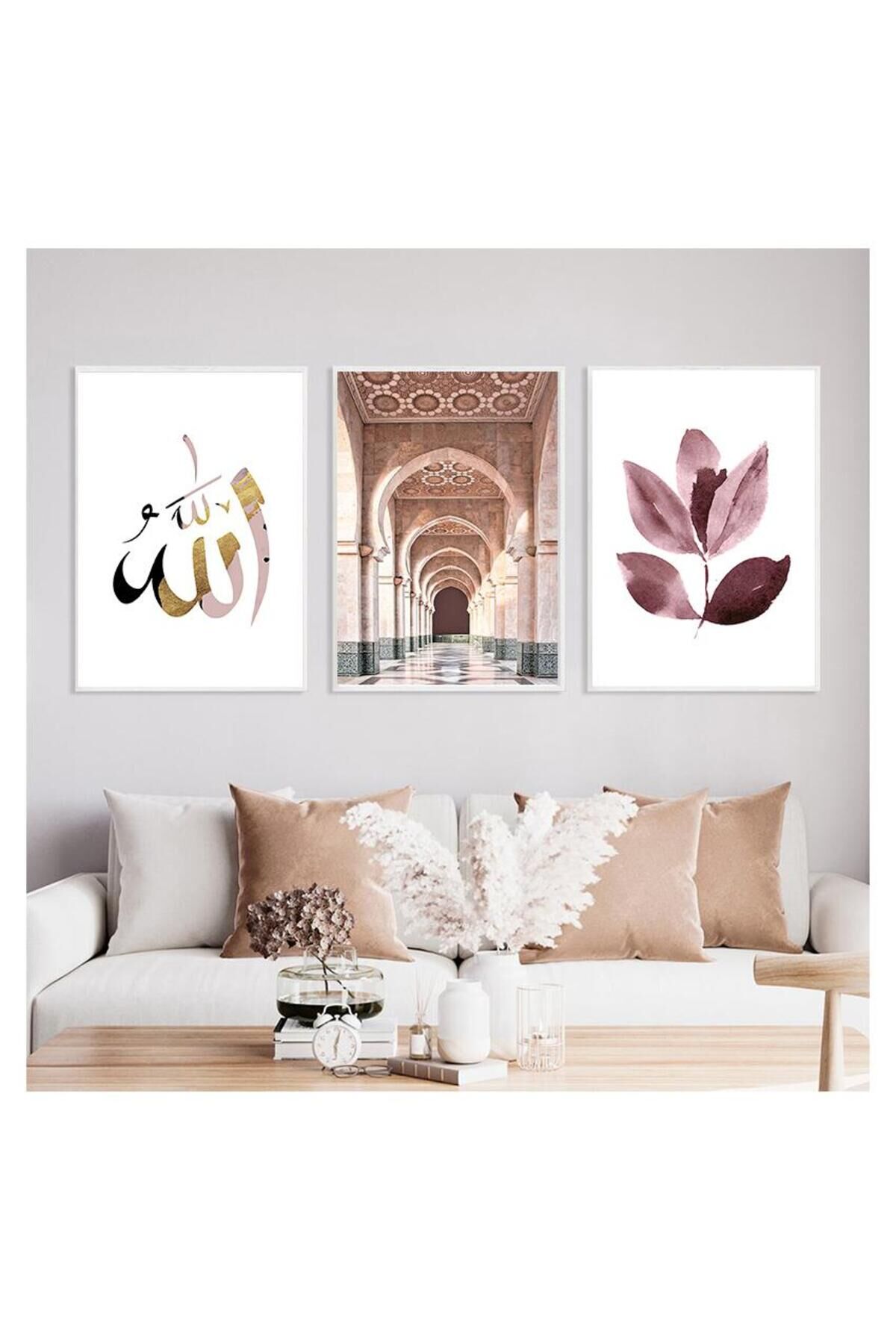 3lü Gümüş Metal Çerçeveli İslami Mimari Arapça Camlı Tablo Seti