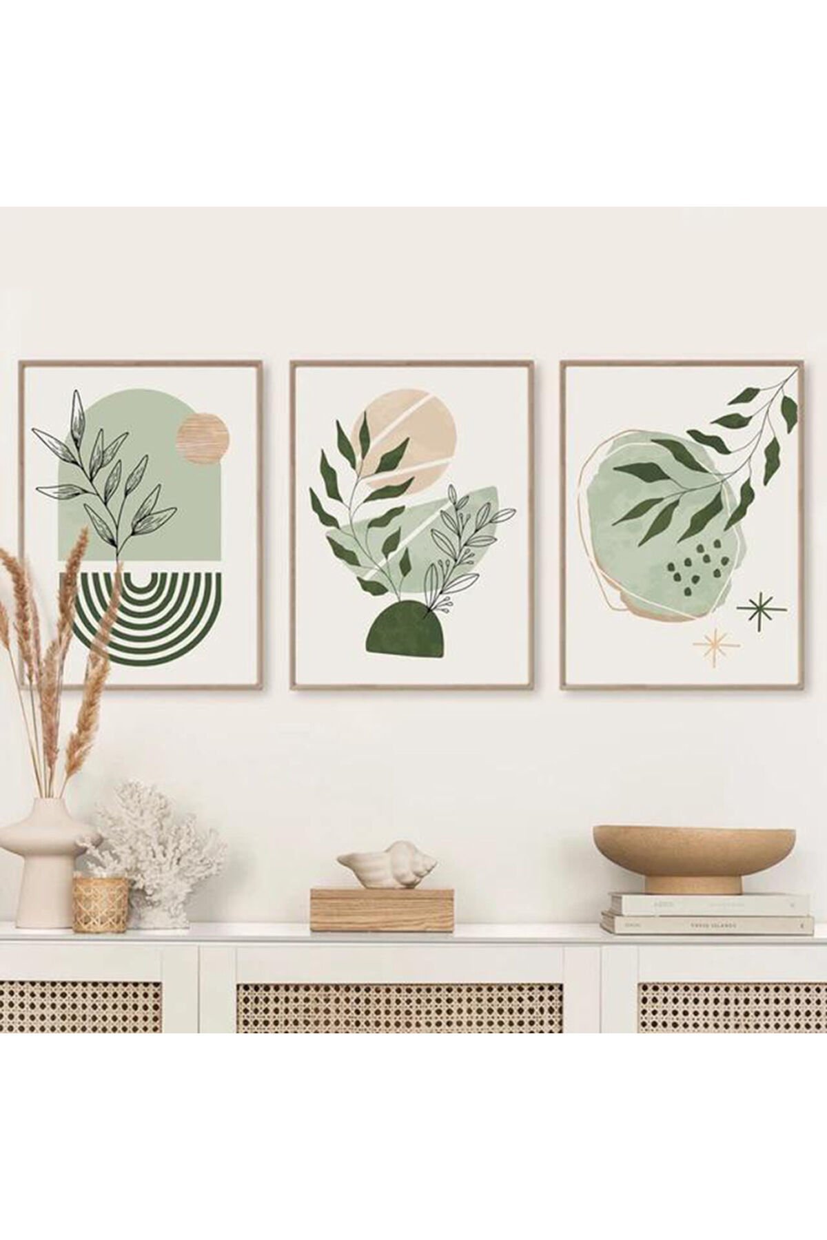 LİNWOOD Üçlü Çerçeveli MDF Soyut Çiçek Sanatsal Natural Lamine Ahşap Görünümlü