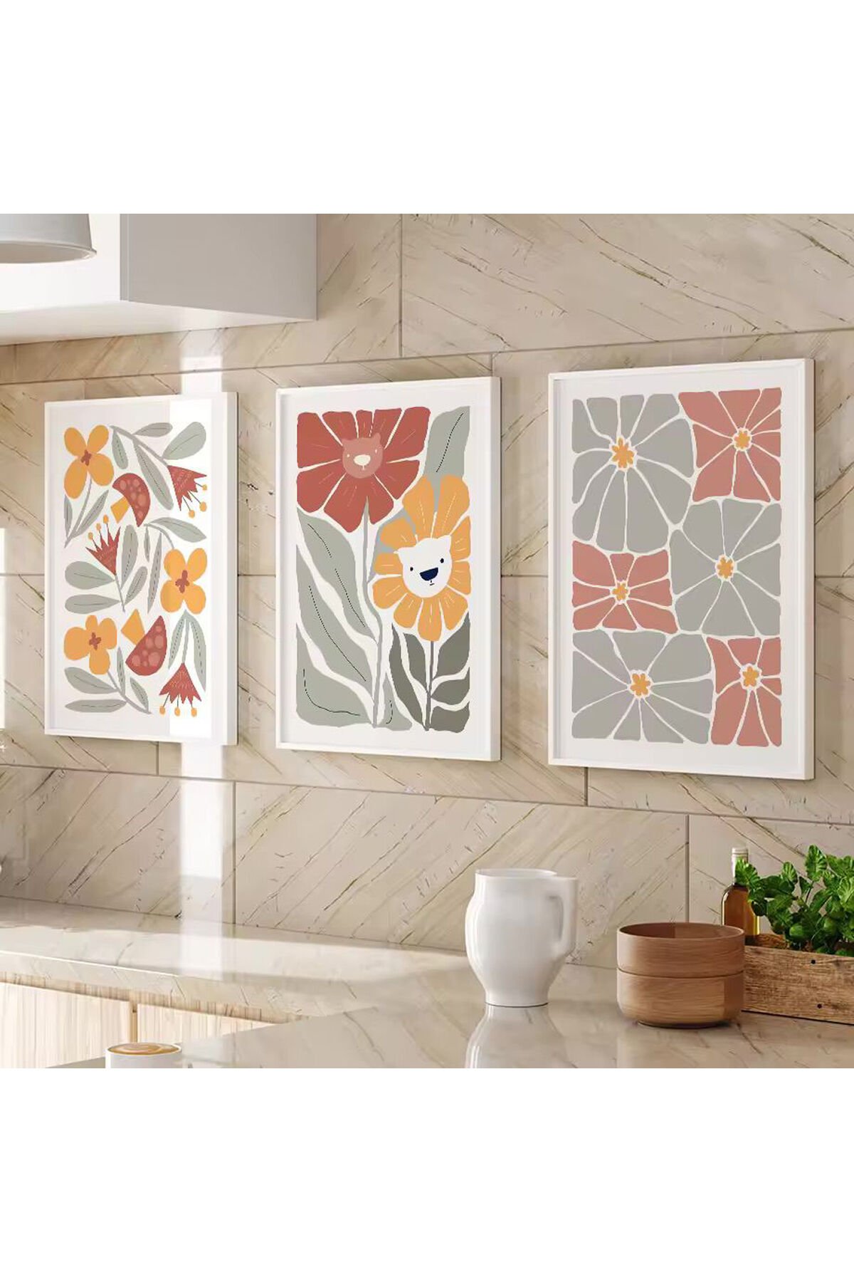 3lü Beyaz Metal Çerçeve Renkli Neşeli Cam Tablo Seti