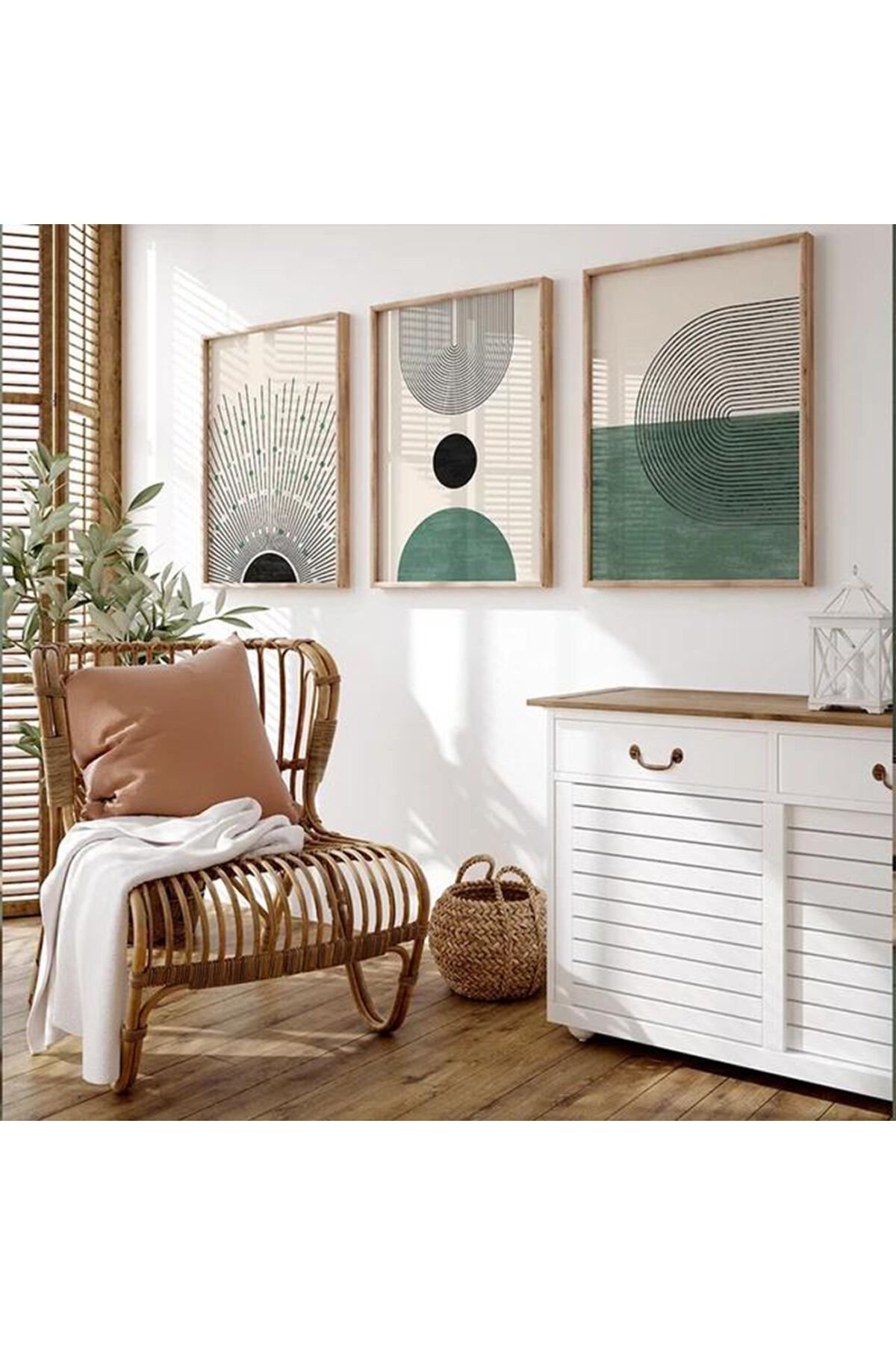 LİNWOOD Üçlü Çerçeveli MDF Soyut Daire Geometrik Natural Lamine Ahşap Görünümlü