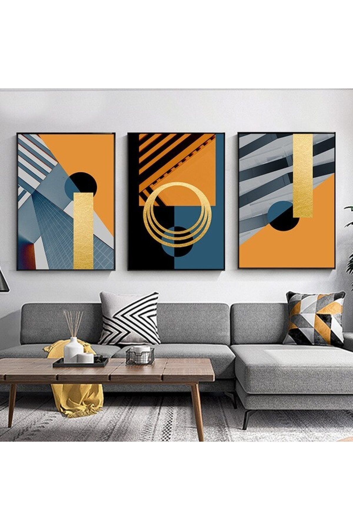 Üçlü Siyah Alüminyum Metal Çerçeveli Geometrik Antrasit Turuncu Camlı Poster Tablo Seti