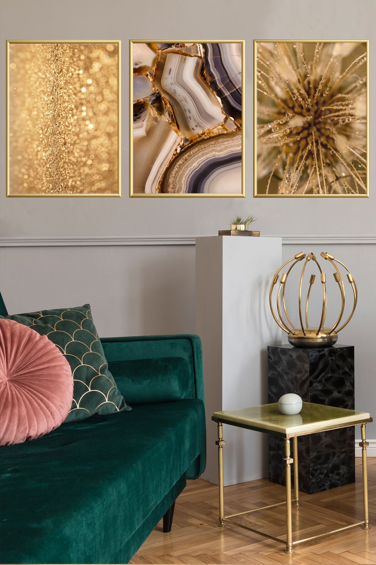 3lü Doğal Taş Desen Gold Alüminyum Çerçeveli Cam Poster Set