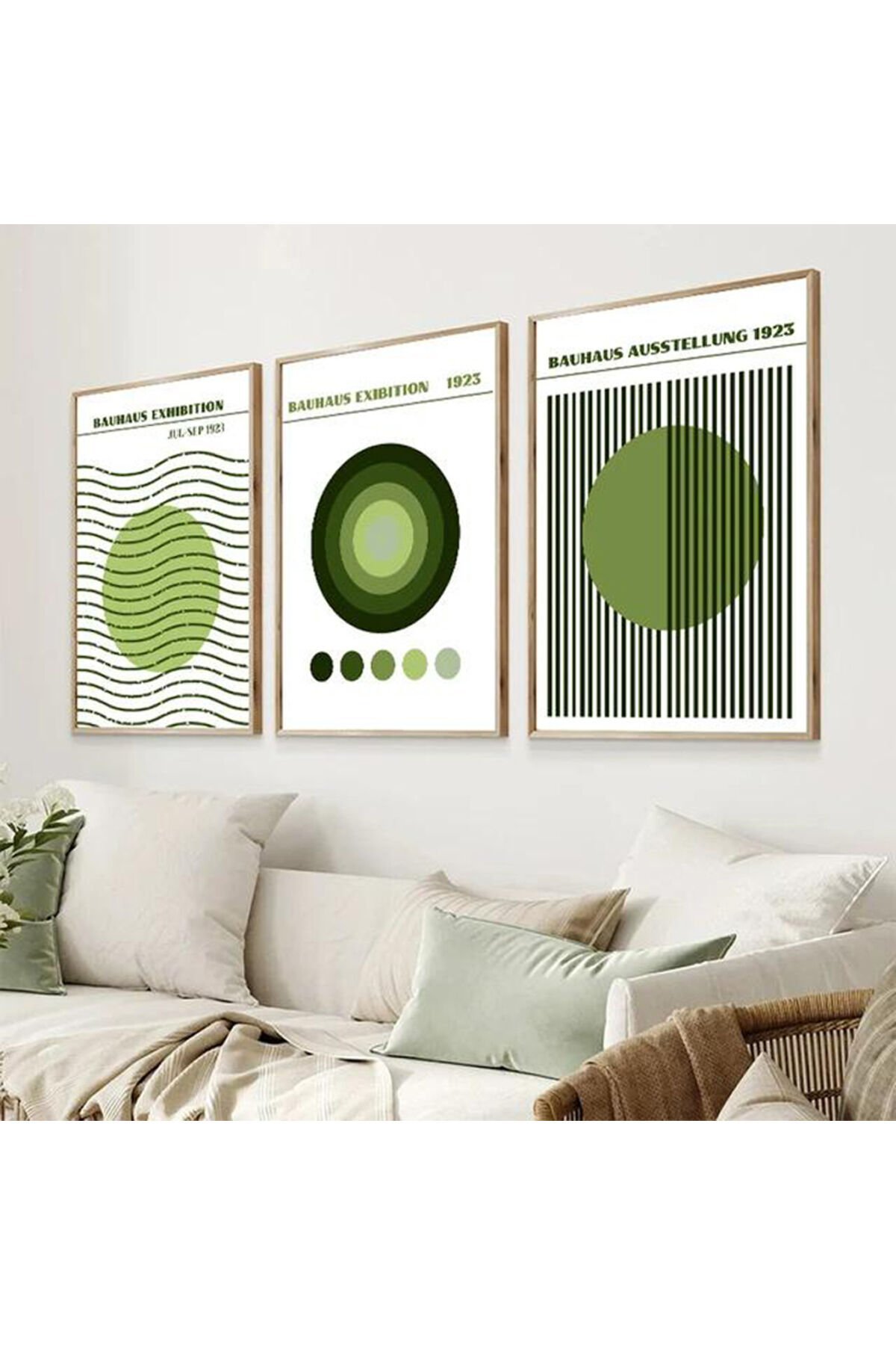 LİNWOOD Üçlü Çerçeveli MDF Yeşil Geometrik Natural Lamine Ahşap Görünümlü