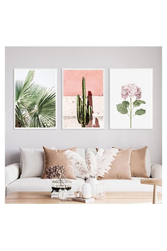 3lü Gümüş Metal Çerçeveli Kaktüs Çiçek Yeşil Camlı Pembe