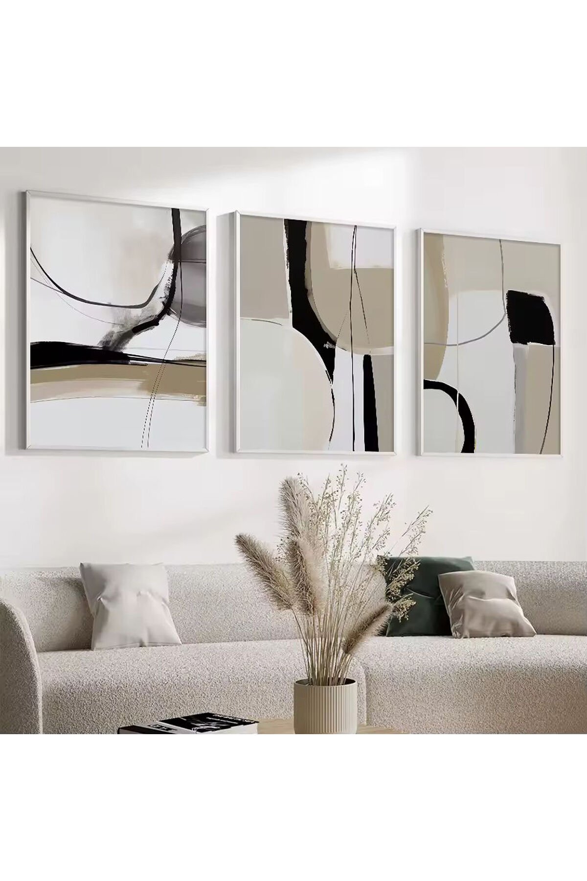 3lü Beyaz Metal Çerçeve Soyut Siyah Gri Cam Tablo Seti