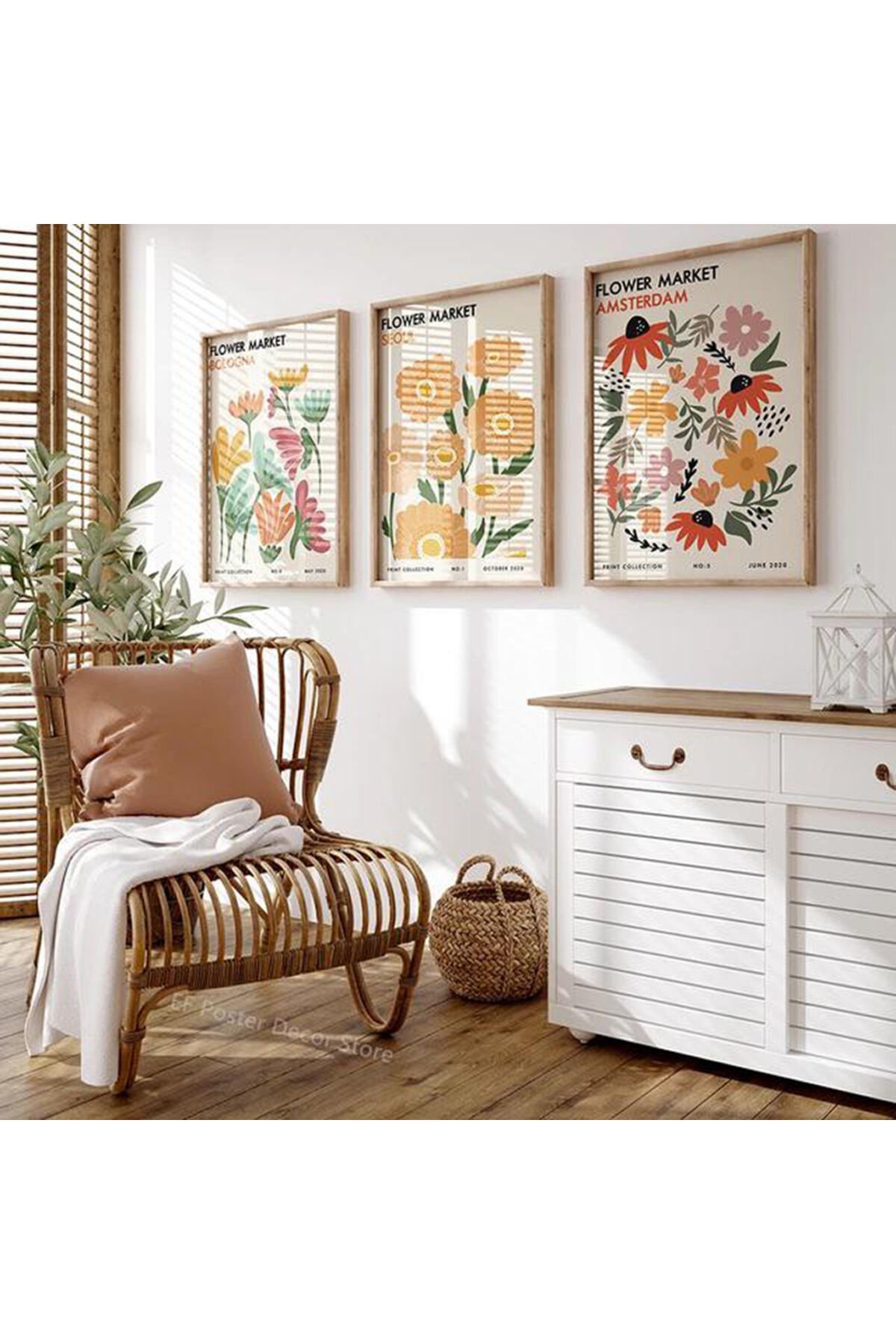 LİNWOOD Üçlü Çerçeveli MDF Soyut Çiçek Flower Natural Lamine Ahşap Görünümlü