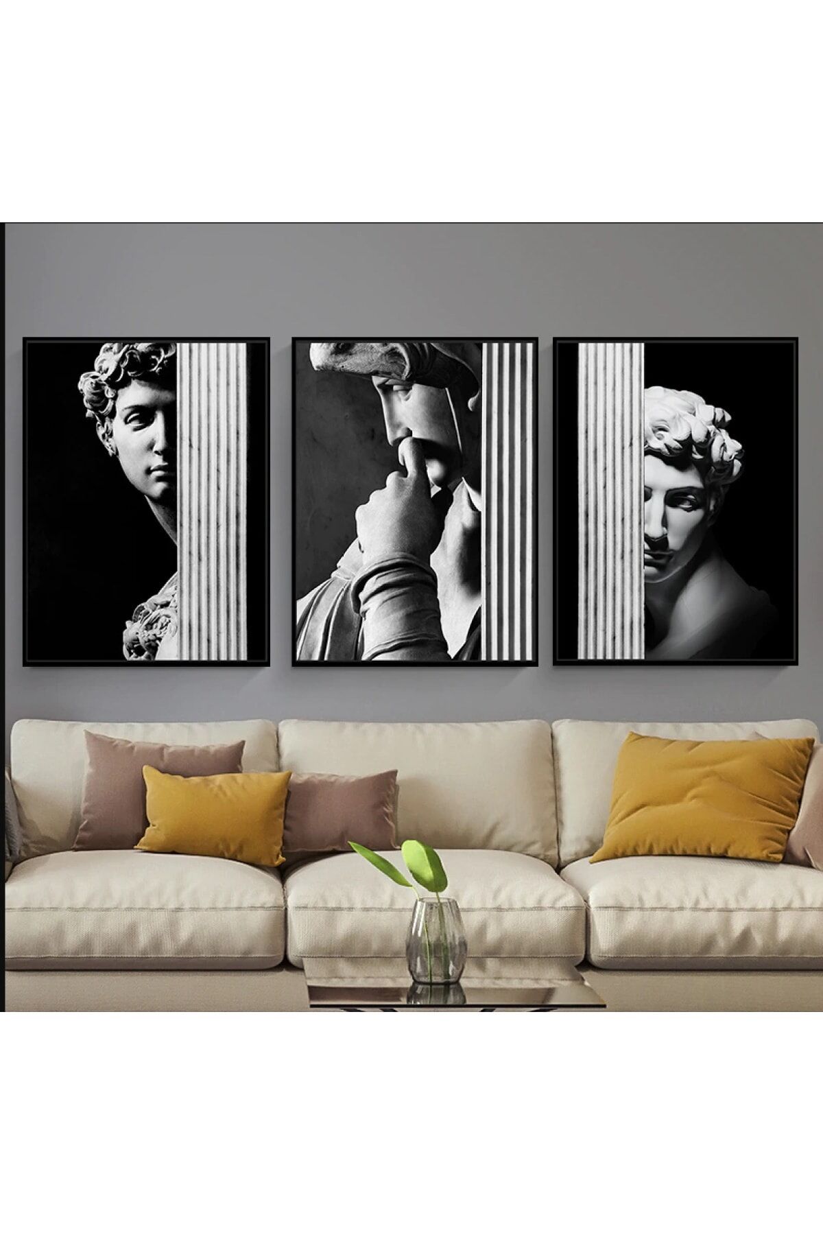 Üçlü Siyah Alüminyum Metal Çerçeveli Heykel Sanatsal Camlı Poster Tablo Seti