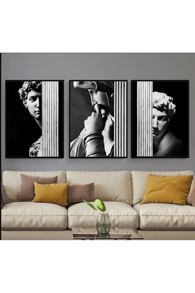 Üçlü Siyah Alüminyum Metal Çerçeveli Heykel Sanatsal Camlı Poster Tablo Seti