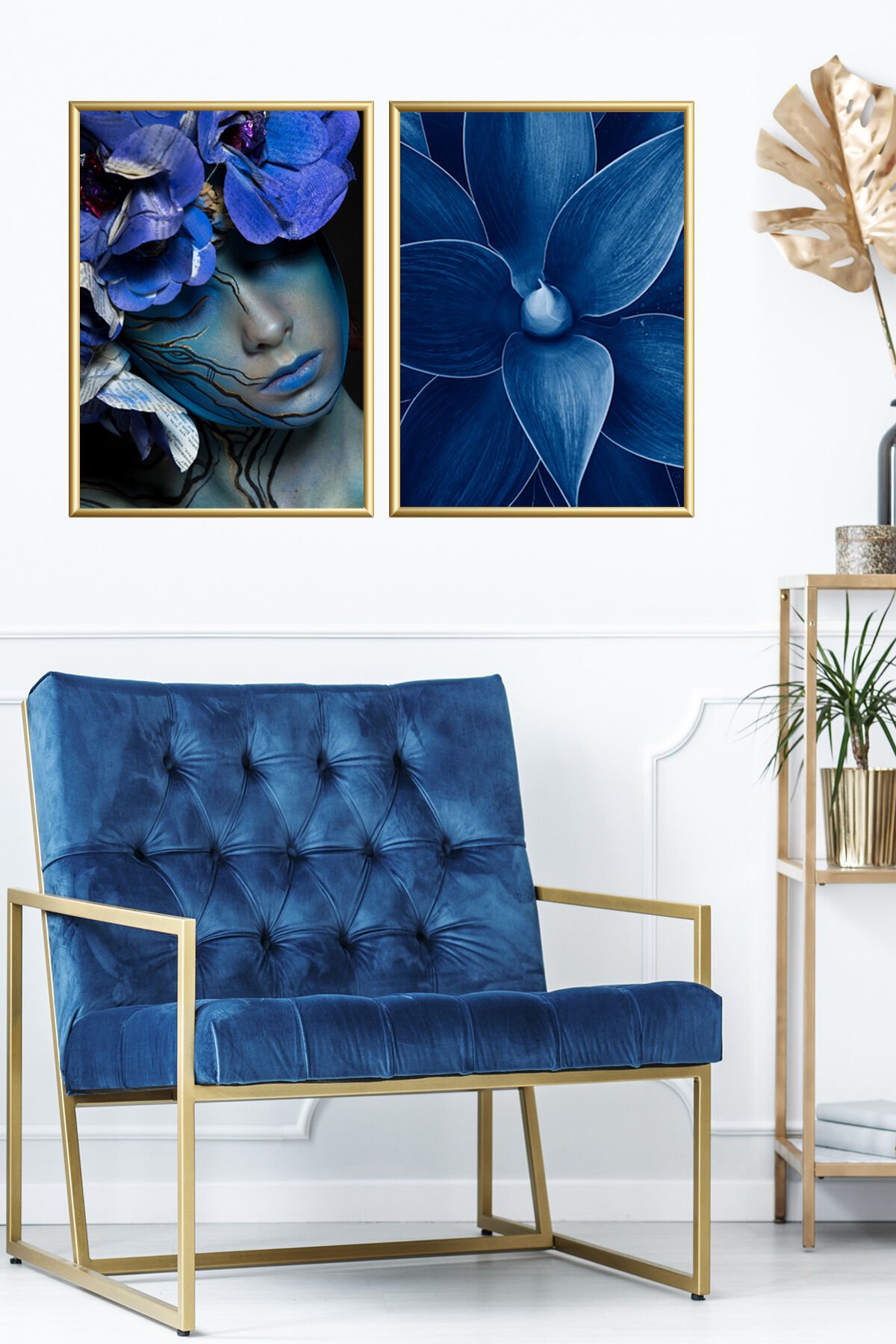 Ikili Mavi Çiçek Kadın Gold Alüminyum Çerçeveli Camlı Poster Seti