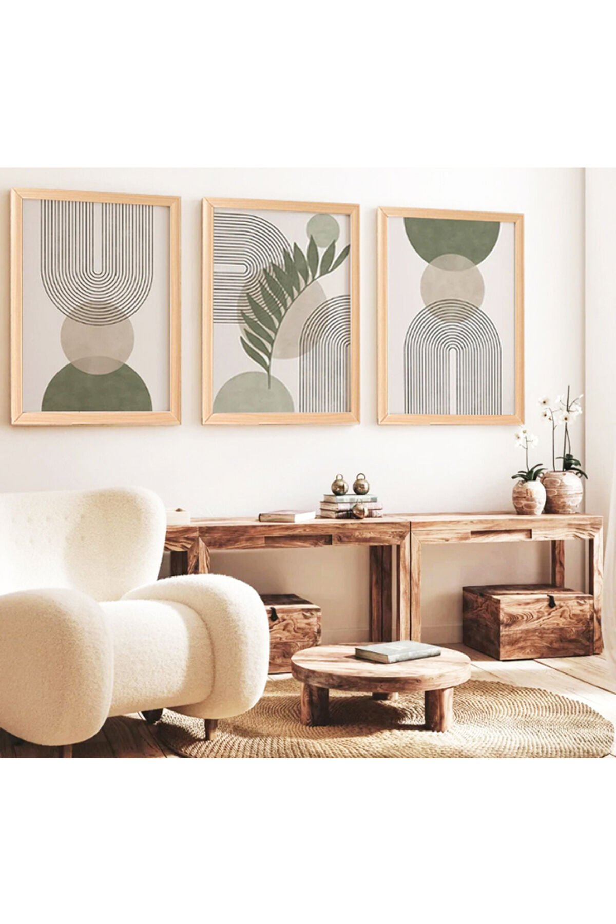 LİNWOOD Üçlü Çerçeveli MDF Bohem Tarz Natural Lamine Ahşap Görünümlü