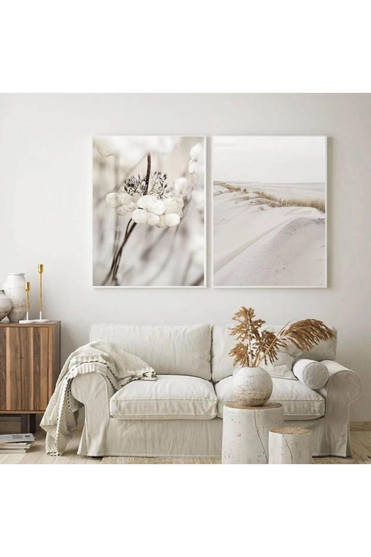 2li Gümüş Metal Çerçeveli Doğa Motto Soft Modern Camlı Tablo Seti