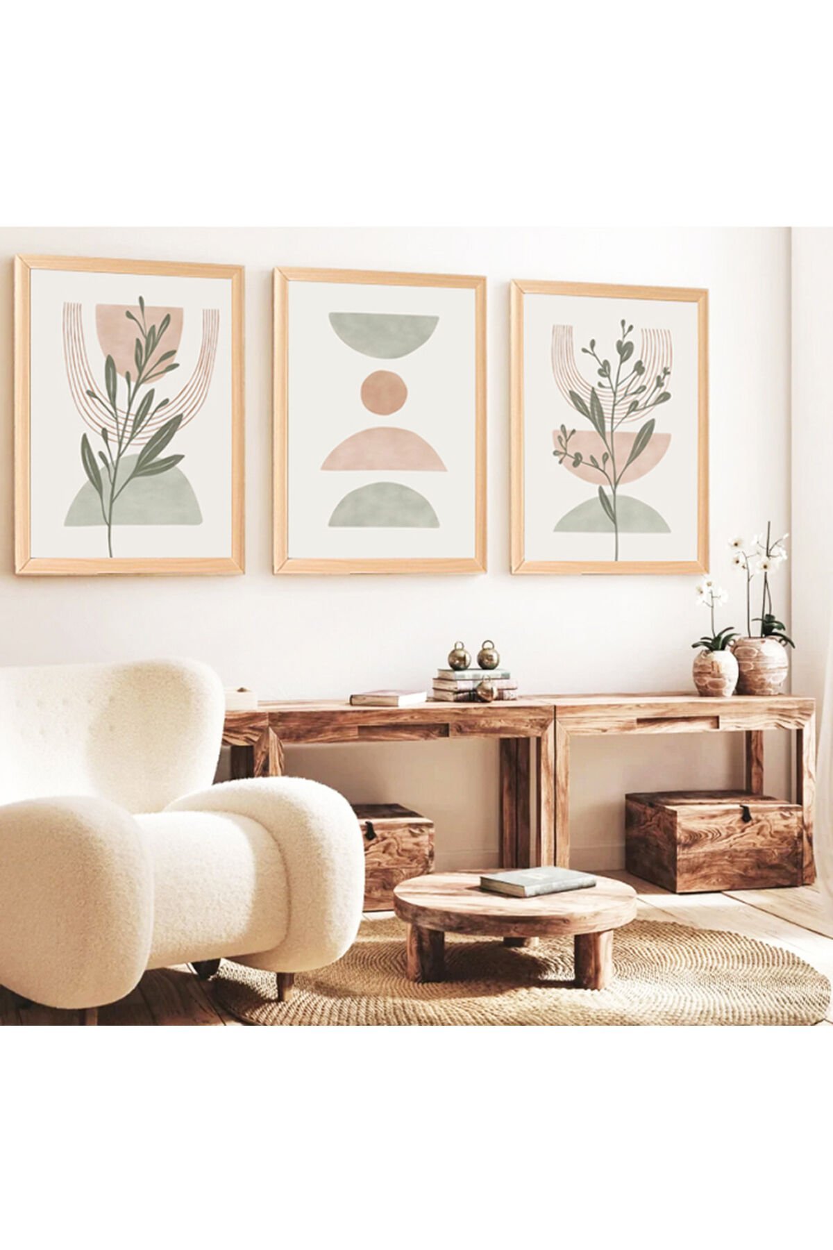 LİNWOOD Üçlü Çerçeveli MDF Bohem Tarz Natural Lamine Ahşap Görünümlü