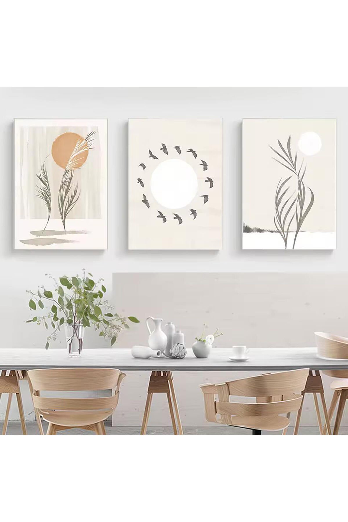 3lü Beyaz Metal Çerçeve Kuşlar Yaprak Cam Tablo Seti