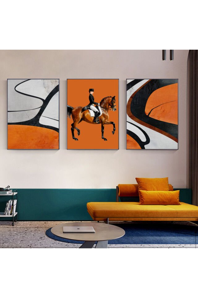 Üçlü Siyah Alüminyum Metal Çerçeve Turuncu At Siyah Camlı Poster Tablo Seti