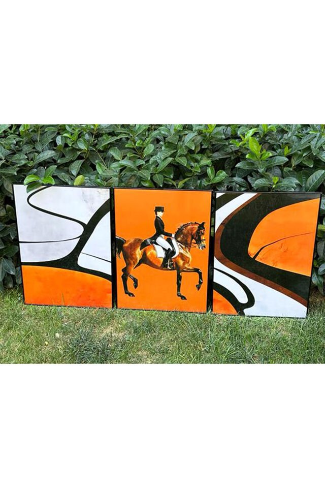 Üçlü Siyah Alüminyum Metal Çerçeve Turuncu At Siyah Camlı Poster Tablo Seti