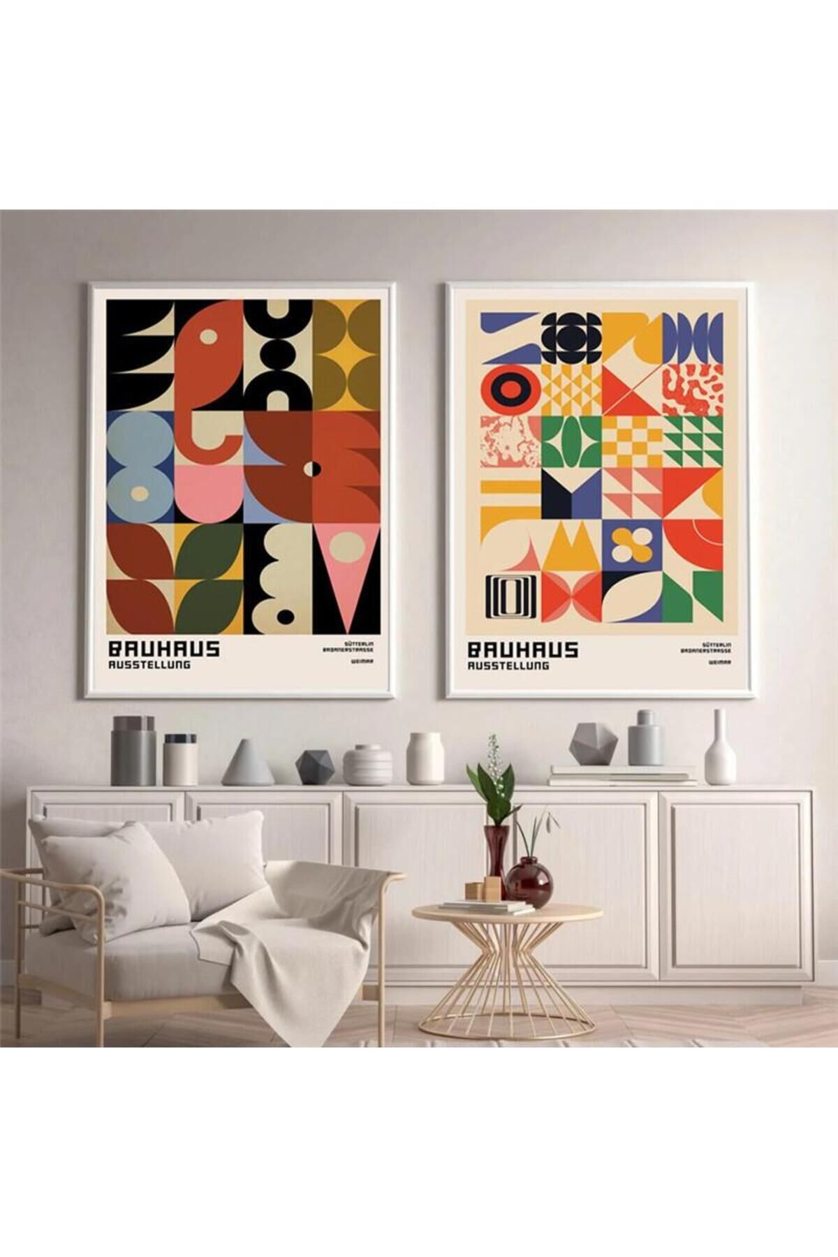 2li Beyaz Metal Çerçeveli Renkli Mimari Camlı Tablo Seti