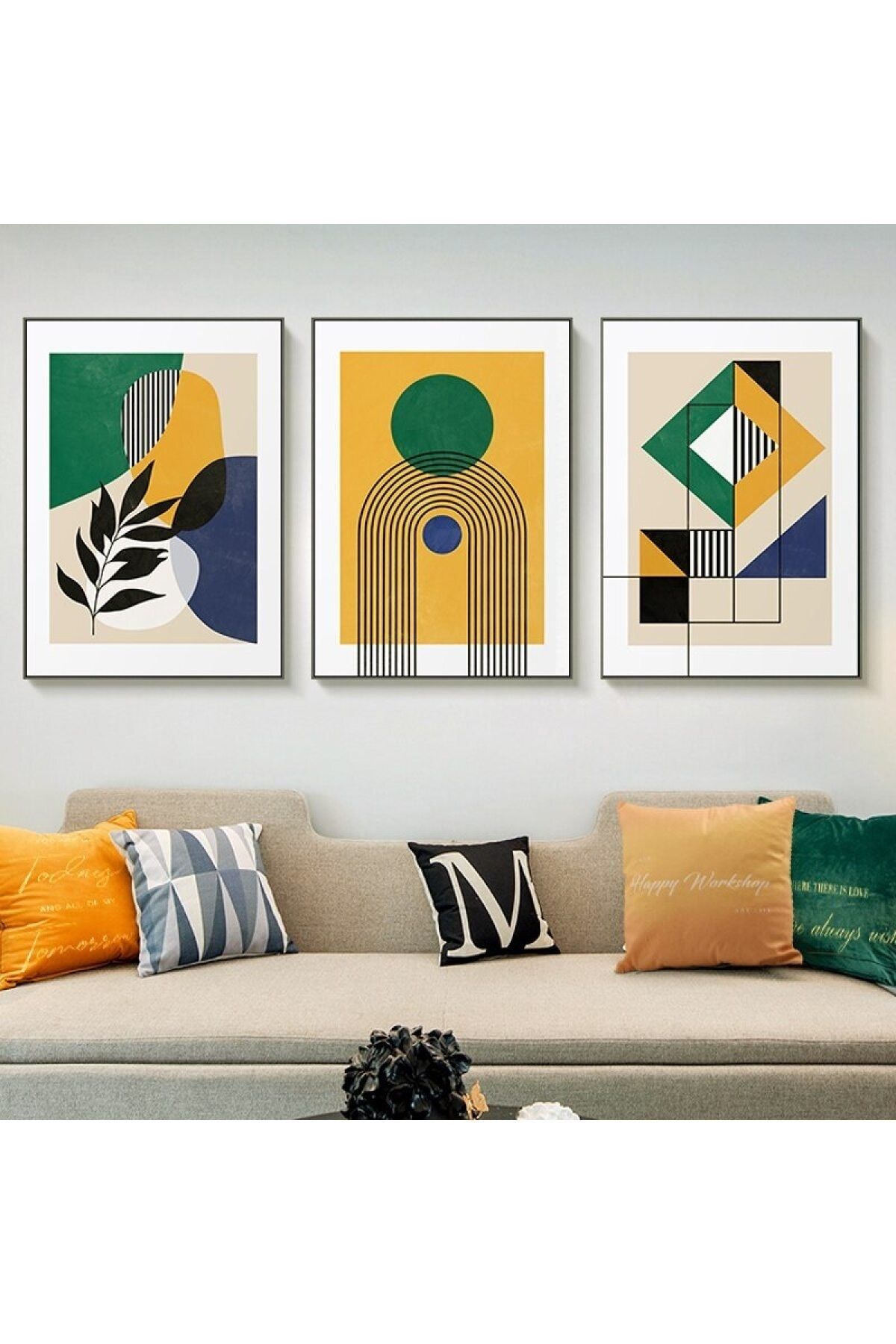 Üçlü Siyah Alüminyum Metal Çerçeveli Sarı Yeşil Geometrik Camlı Poster Tablo Seti