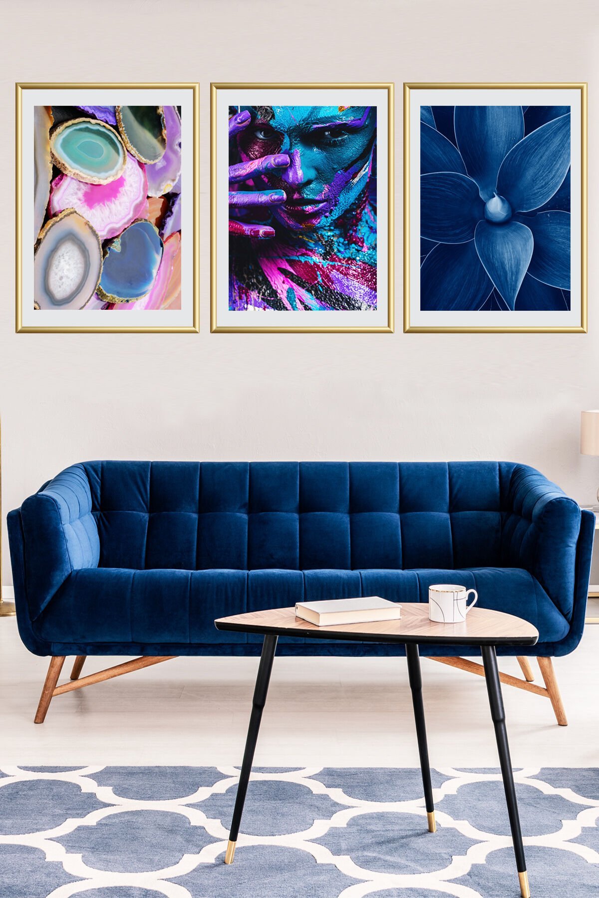 Üçlü Camlı Metal Alüminyum Çerçeveli Mavi Kadın Poster Set