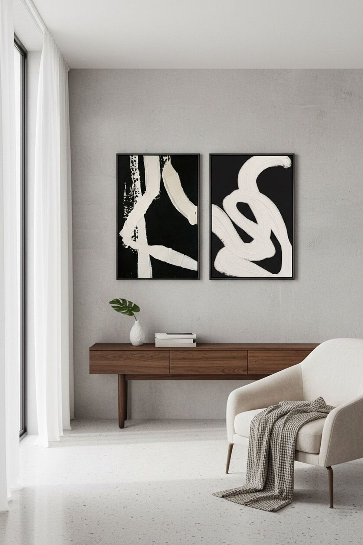 2li Siyah Metal Çerçeve Beyaz Sanatsal Moda Camlı Tablo Seti Si̇yah - 60 X 90