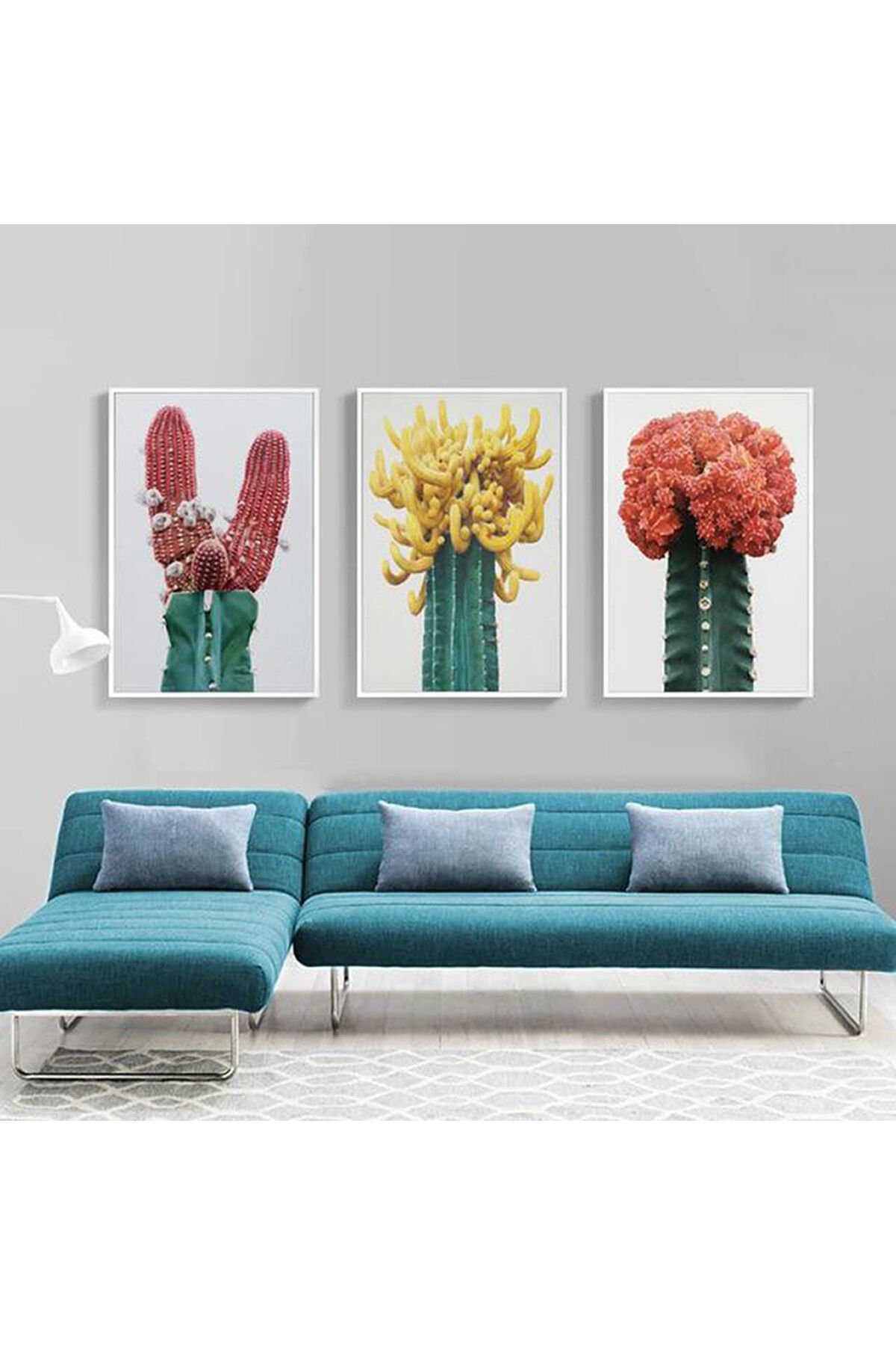 3lü Beyaz Metal Çerçeve kaktüs Sukulent Renkli Cam Tablo Seti