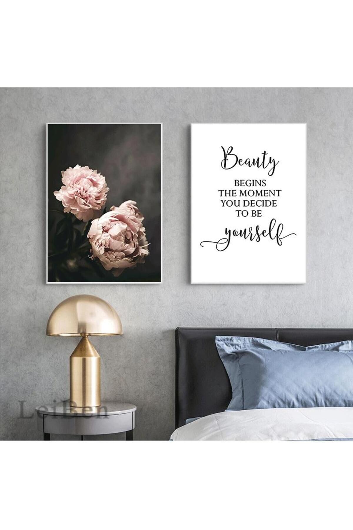 İkili Gümüş Metal Çerçeveli Soft Çiçek Motto Camlı Tablo Seti