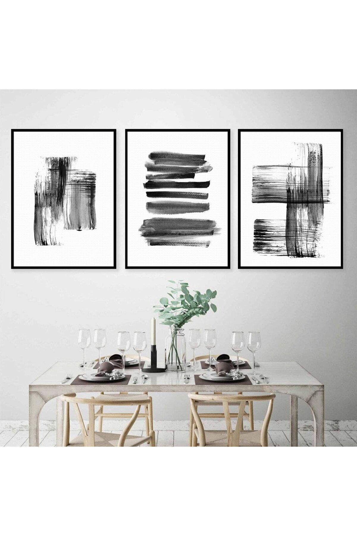 Üçlü Siyah Alüminyum Metal Çerçeveli Fırça Soyut Çizgisel Camlı Tablo Seti