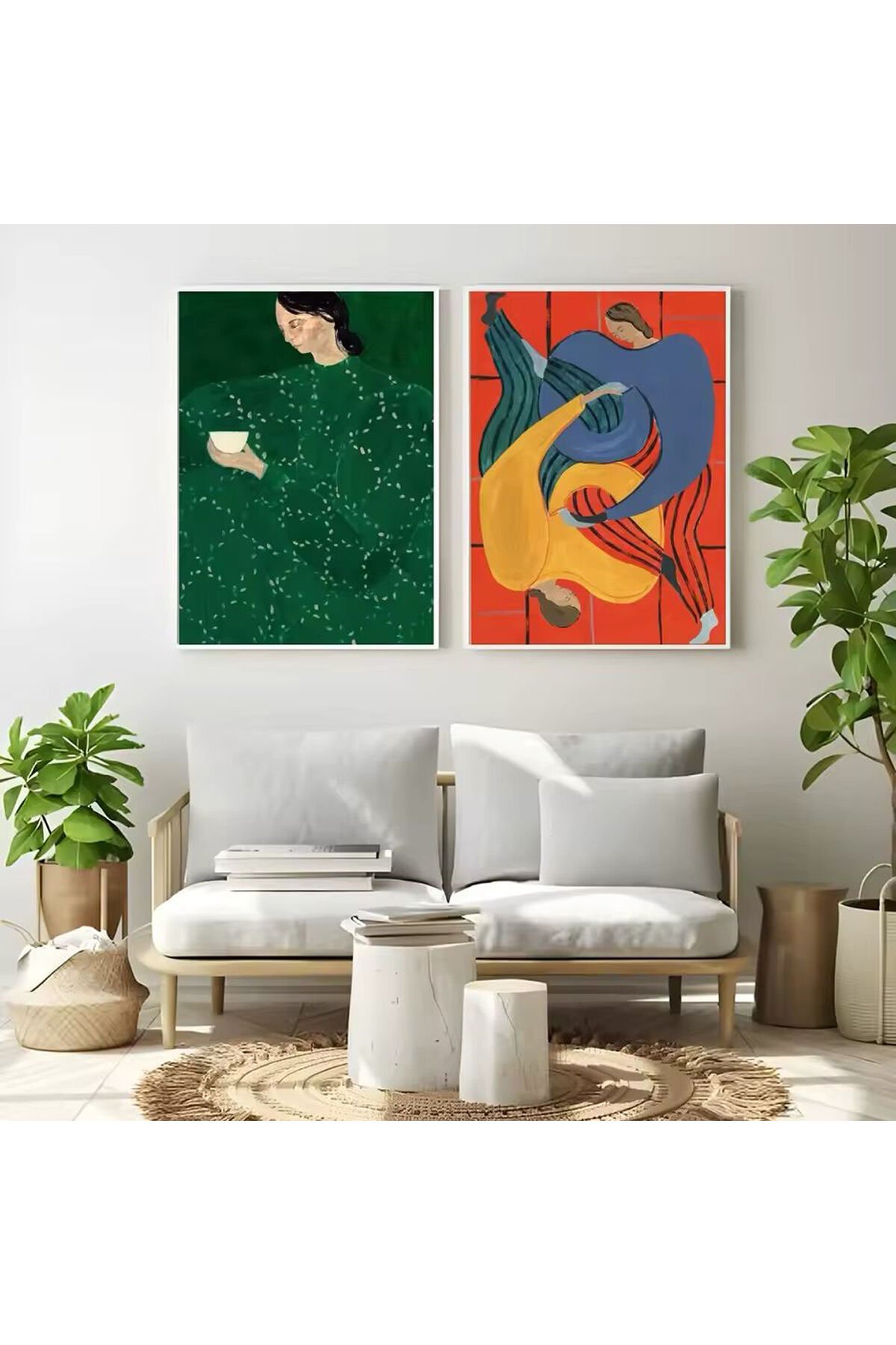 İkili Beyaz Metal Çerçeveli Kadın Renkli Soyut Cam Tablo Seti