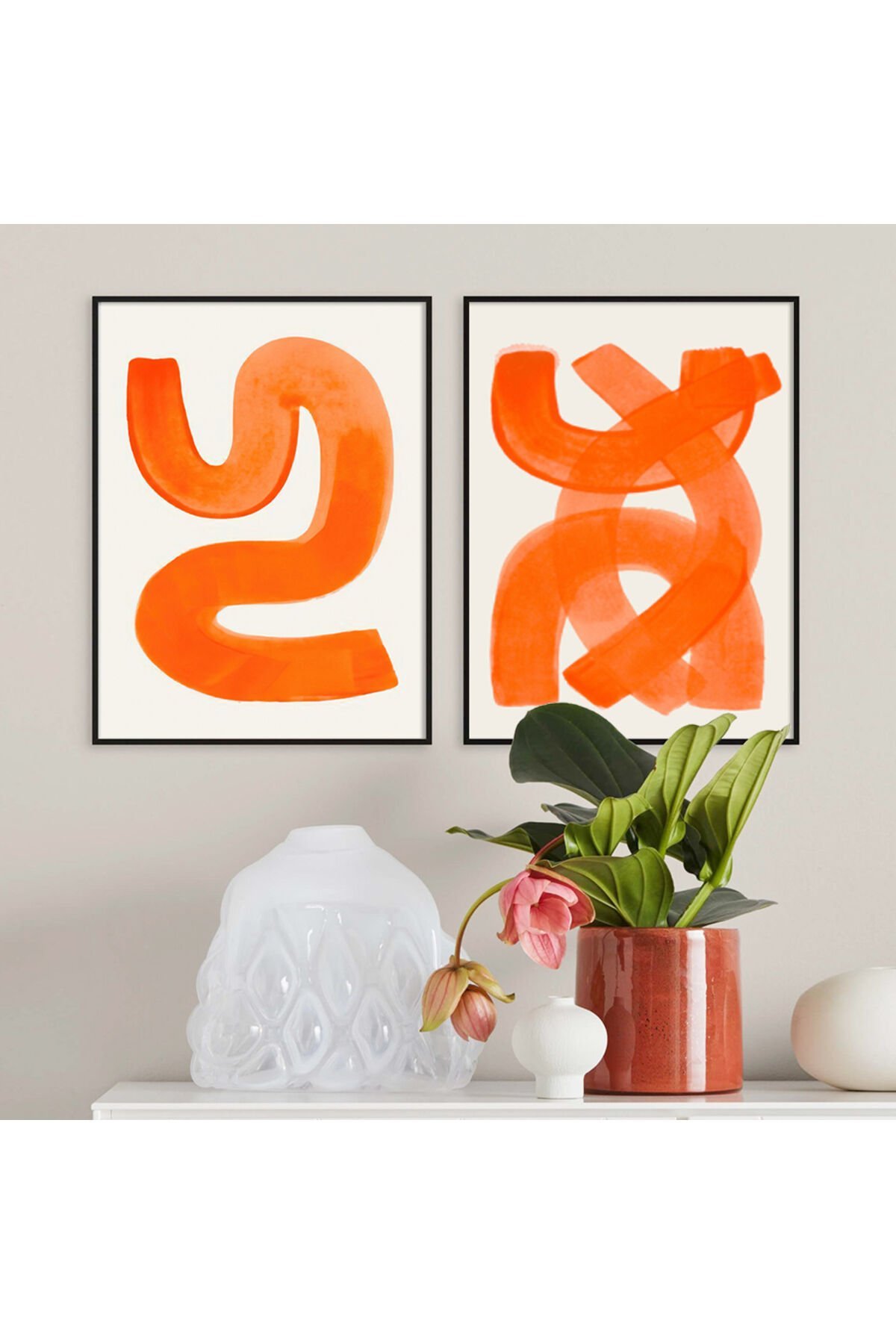 Ikili Siyah Alüminyum Metal Çerçeveli Turuncu Dairesel Çizgi Camlı Poster Tablo Seti