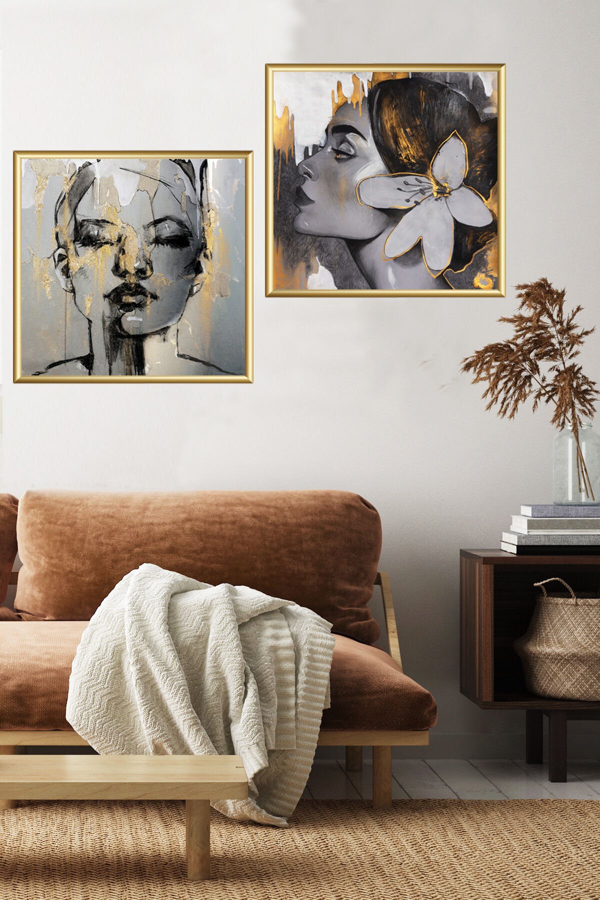 Ikili Gold Alüminyum Metal Kadınlar Camlı Çerçeveli Poster Tablo Seti