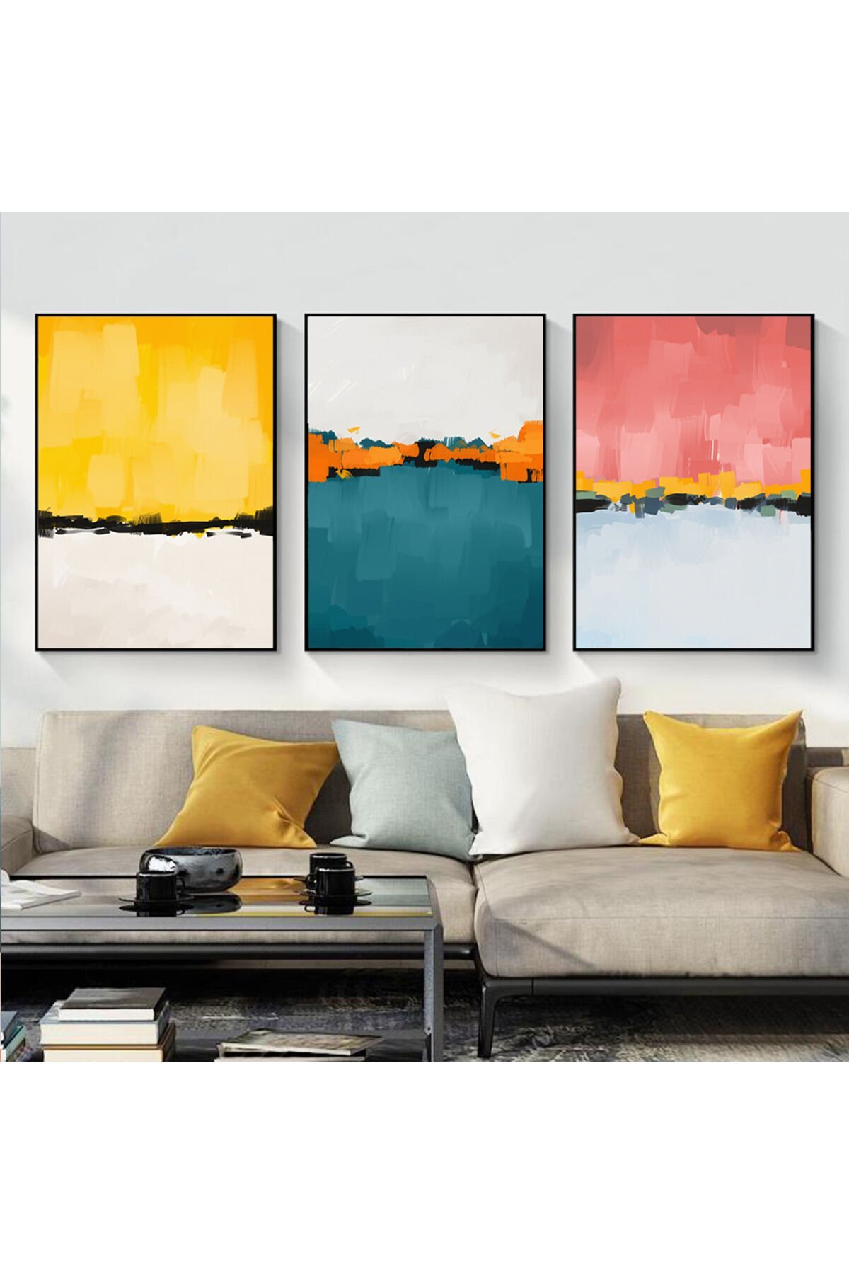 Üçlü Siyah Alüminyum Metal Çerçeveli Sarı Mavi Boya Camlı Tablo Seti