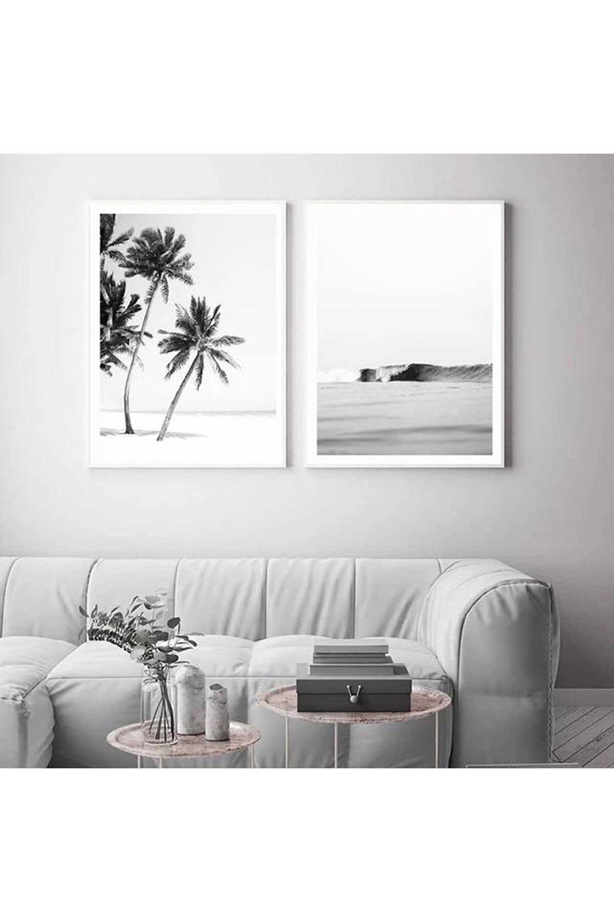 2li Beyaz Metal Çerçeveli Soft Palmiye Deniz Cam Tablo Seti