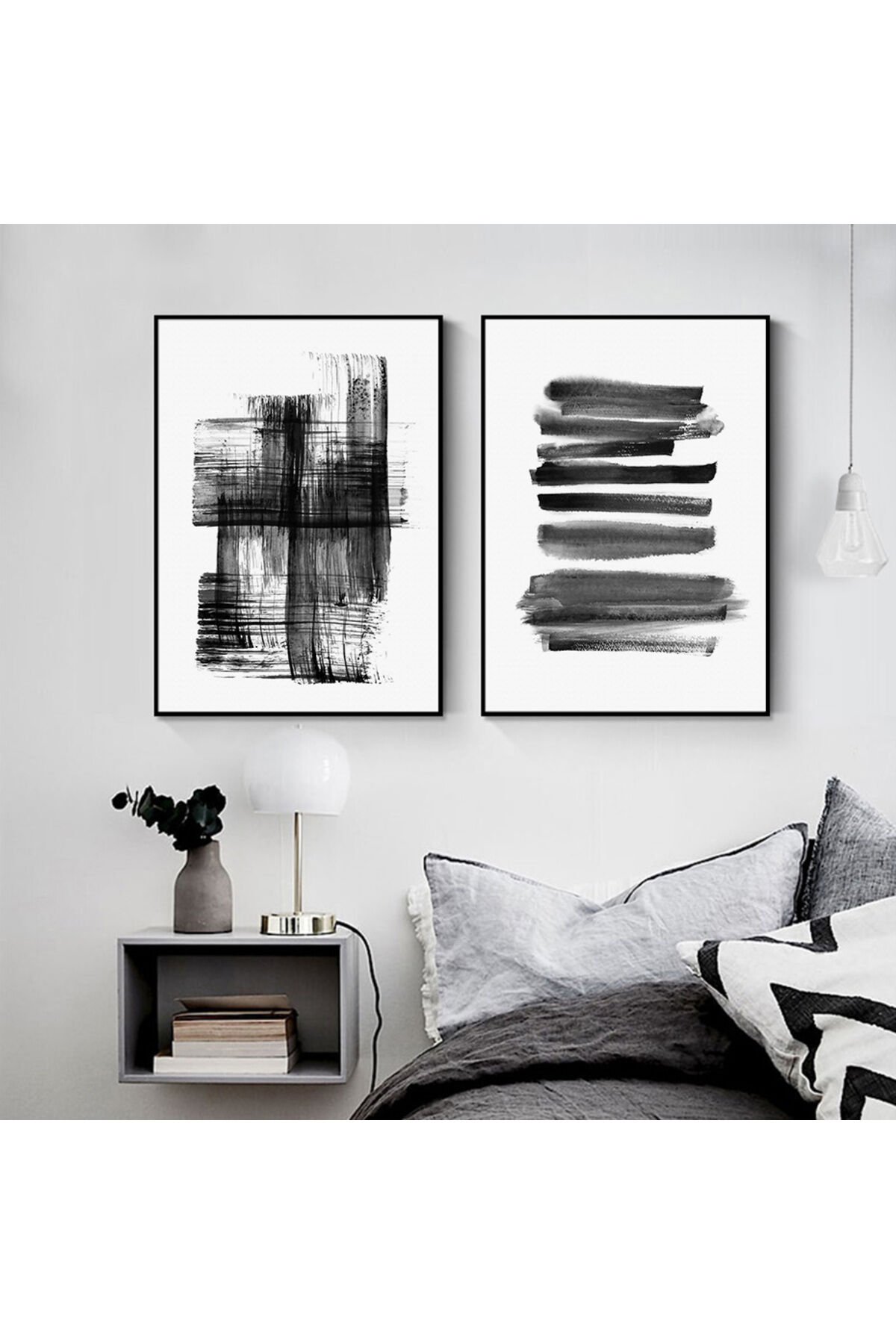 Ikili Siyah Alüminyum Metal Çerçeveli Fırça Sanatsal Beyaz Camlı Poster Tablo Seti