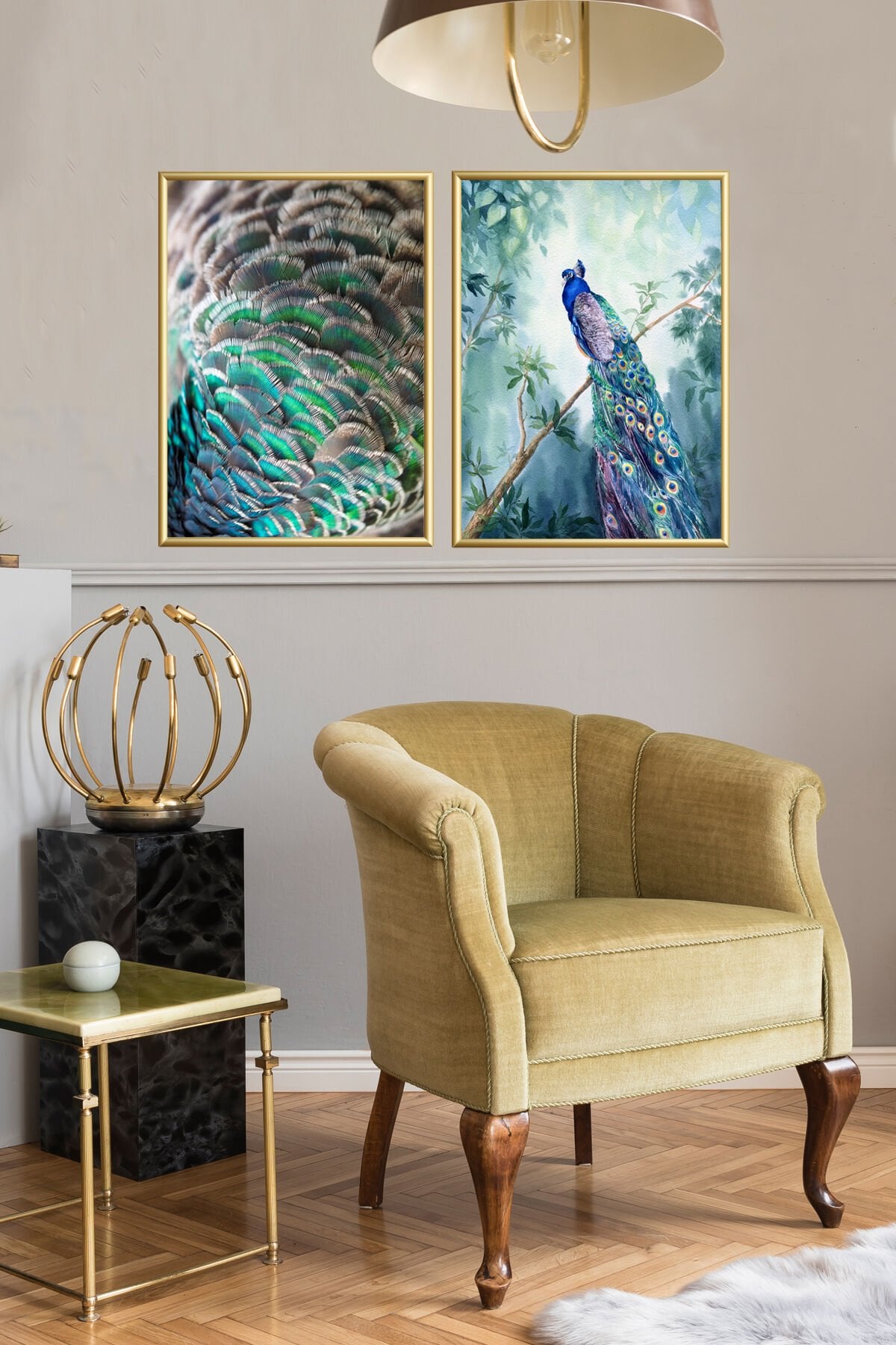 Ikili Gold Alüminyum Çerçeveli Tavuz Kuşu Camlı Poster Seti