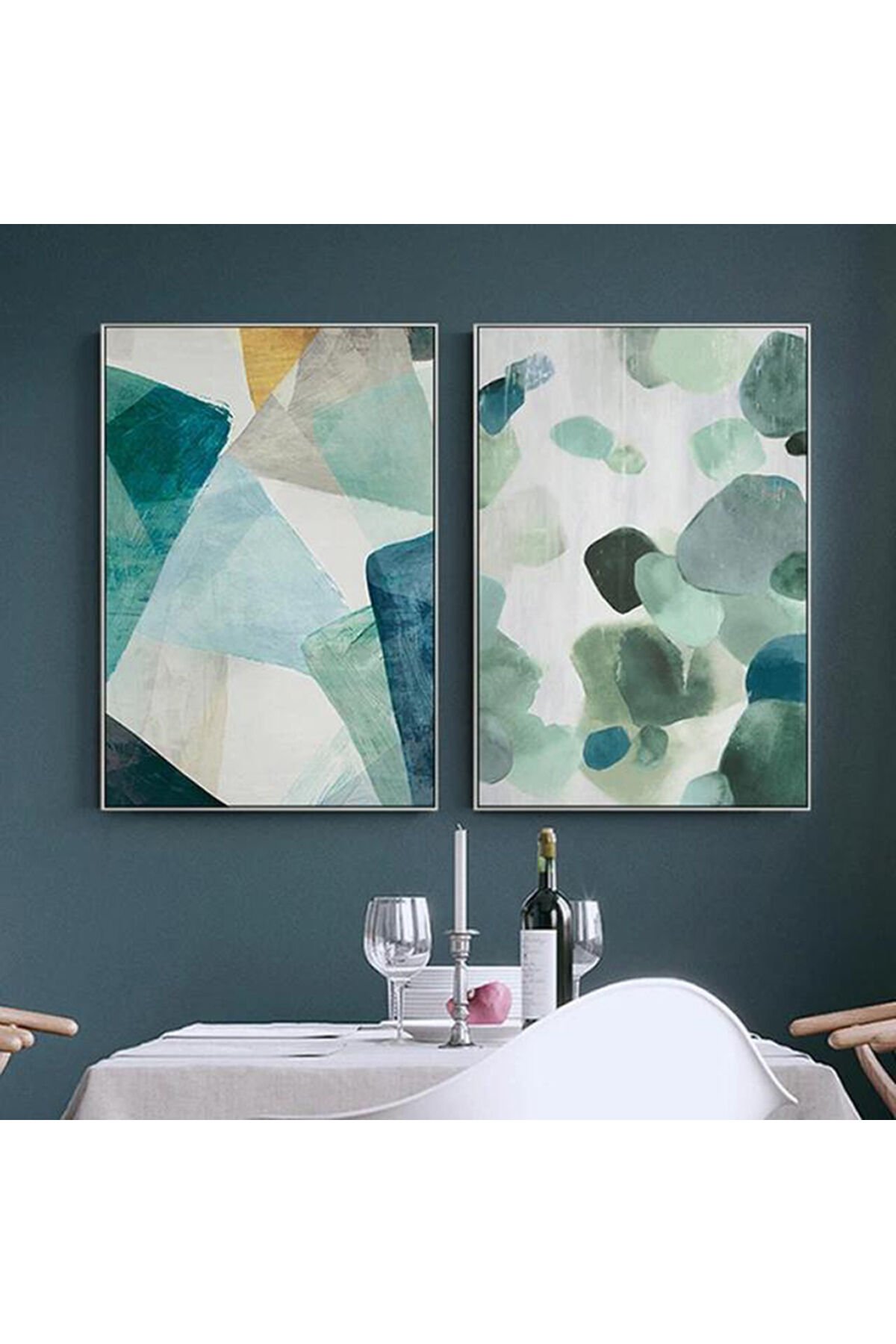 İkili Gümüş Metal Çerçeveli Yeşil Tarz Modern Cam Tablo Seti