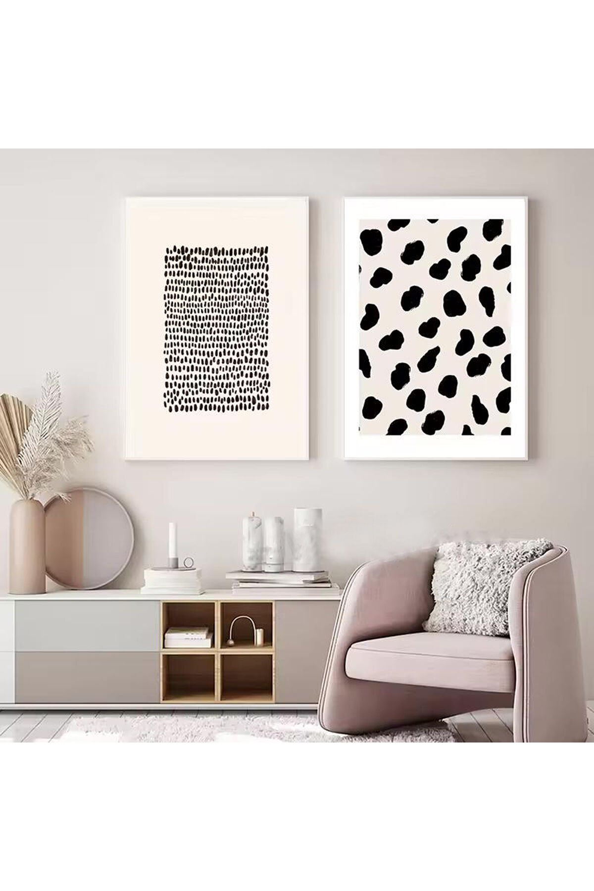 İkili Beyaz Metal Çerçeveli Modern Desen Cam Tablo Seti