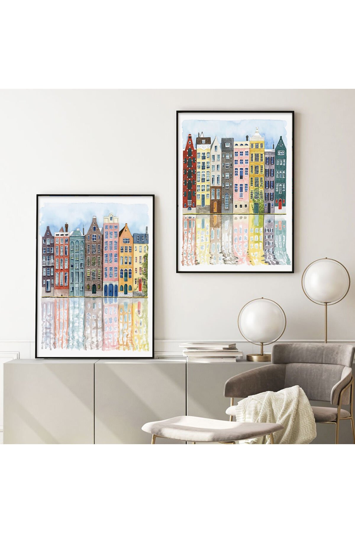 Ikili Siyah Metal Yansıma Çerçeveli Soyut Bina Camlı Poster Tablo Seti