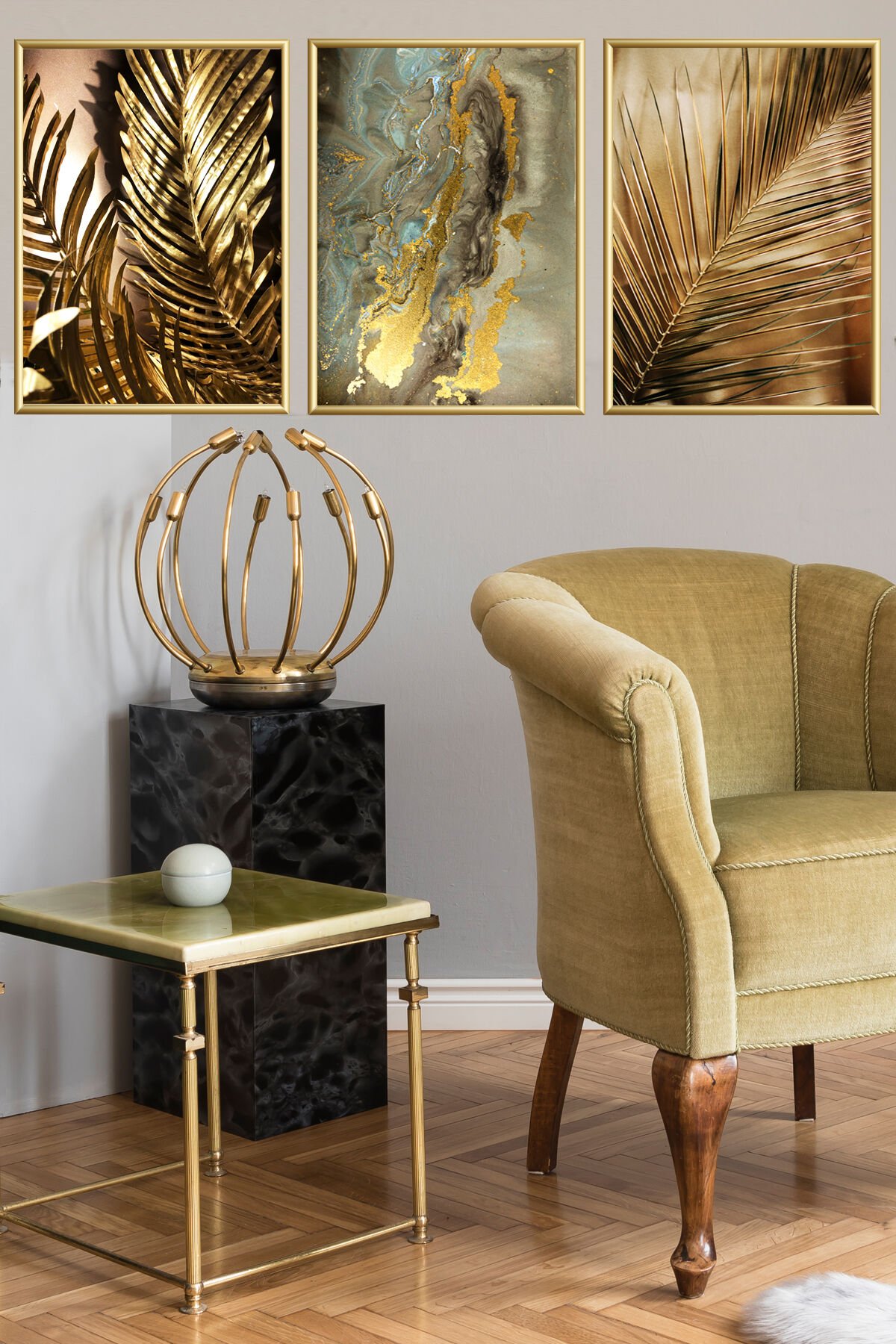 Üçlü Gold Palmiye Alüminyum Metal Çerçeveli Poster Camlı Tablo Set