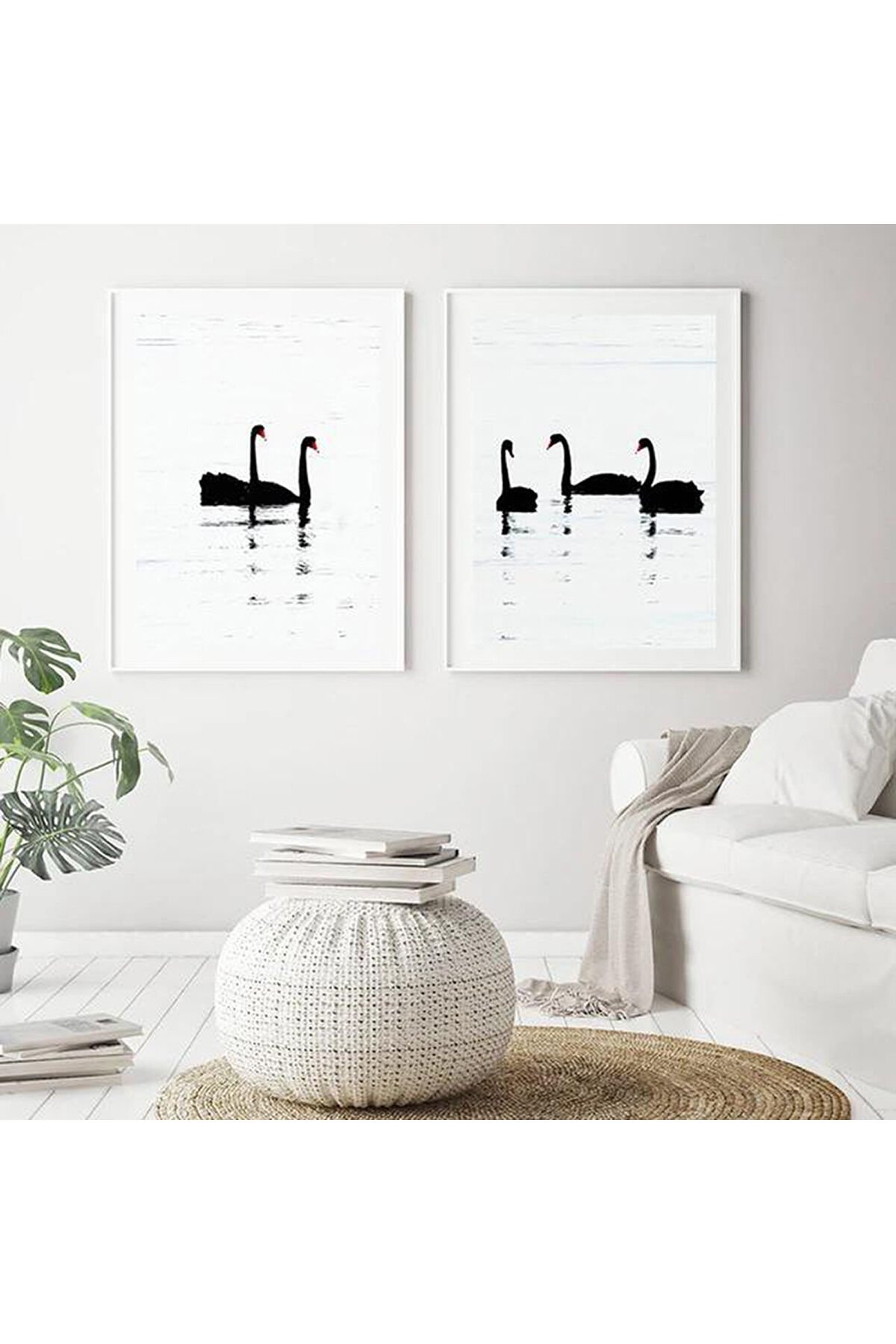 İkili Beyaz Metal Çerçeveli Siyah Kuğu Zarif Cam Tablo Seti