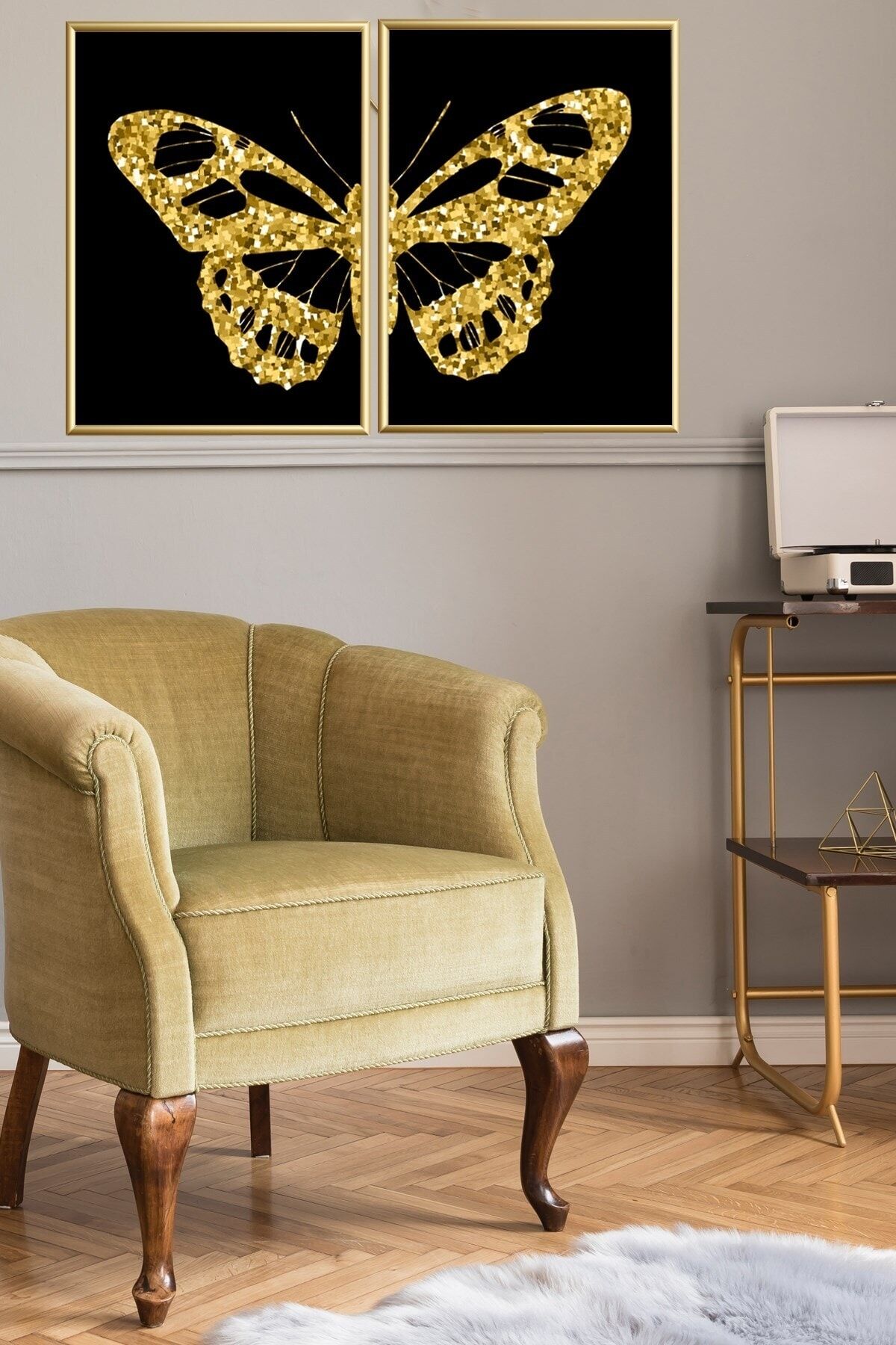 Ikili Alüminyum Siyah Zemin Üzeri Gold Kelebek Yapraklı Çerçeveli Poster Seti