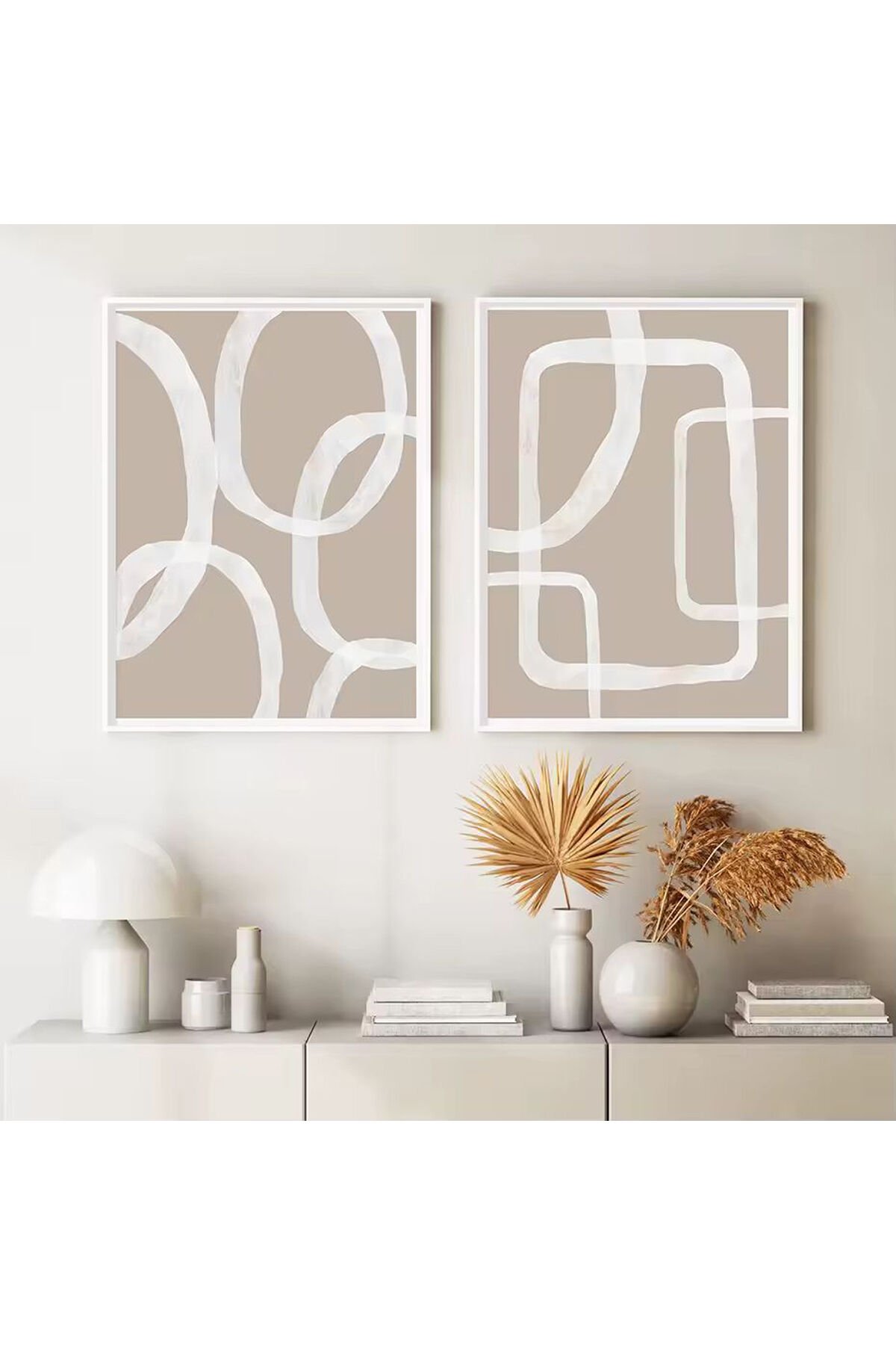 İkili Beyaz Metal Çerçeveli Soft Bej Cam Tablo Seti