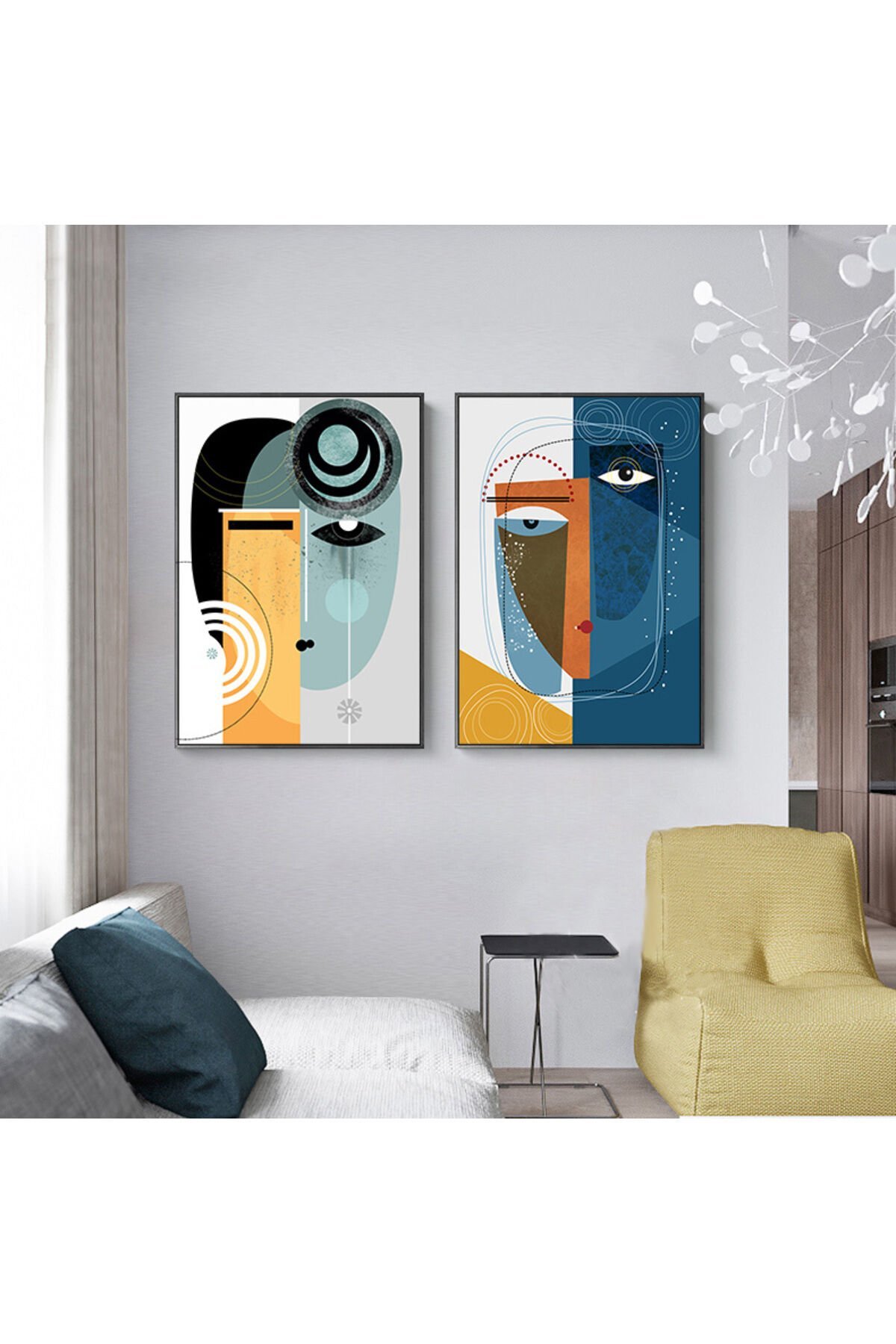 Ikili Siyah Alüminyum Çerçeve Yüz Göz Turuncu Mavi Çizgi Camlı Tablo Seti