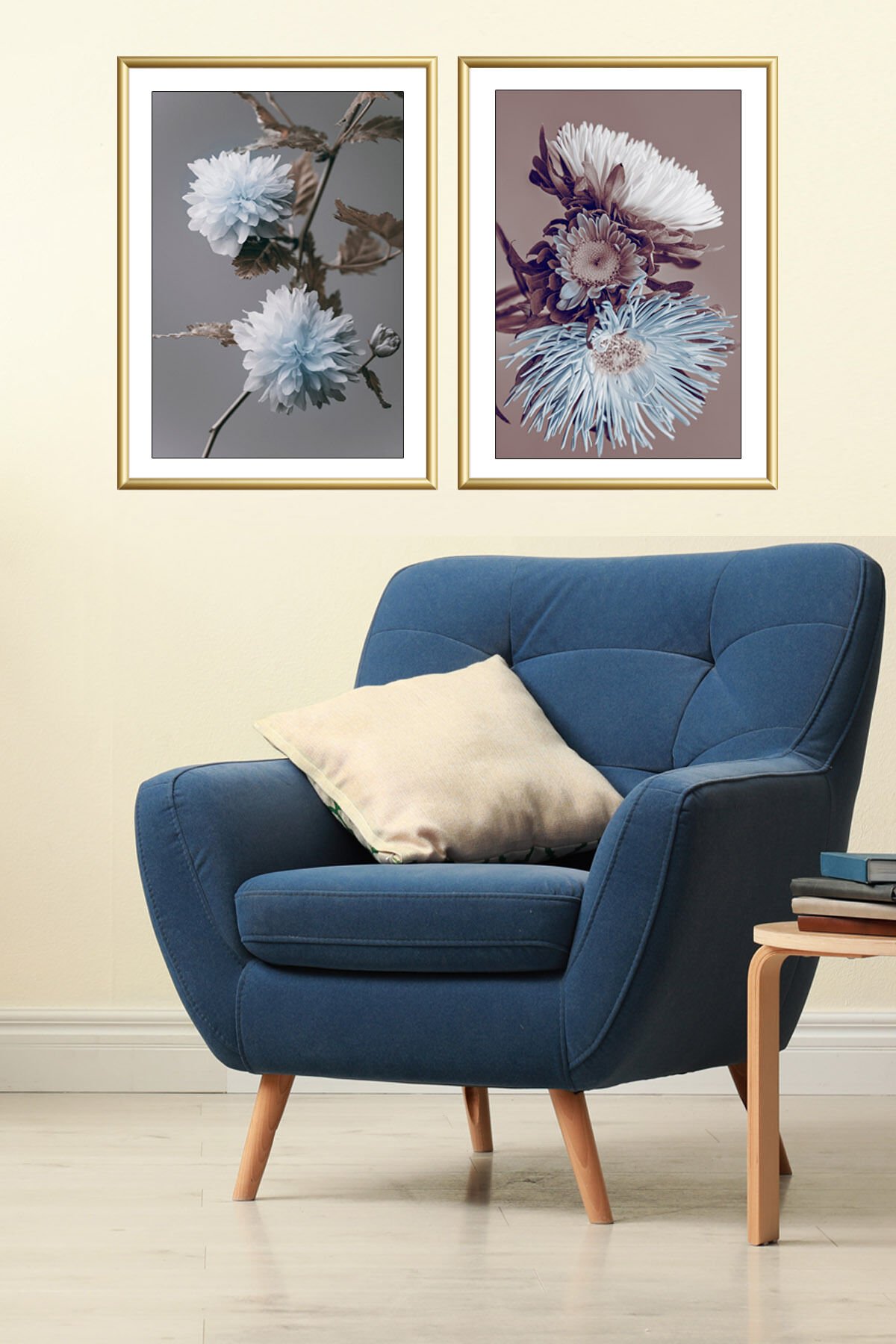 Ikili Gold Alüminyum Metal Mor Çiçek Cam Çerçeveli Poster Tablo Seti