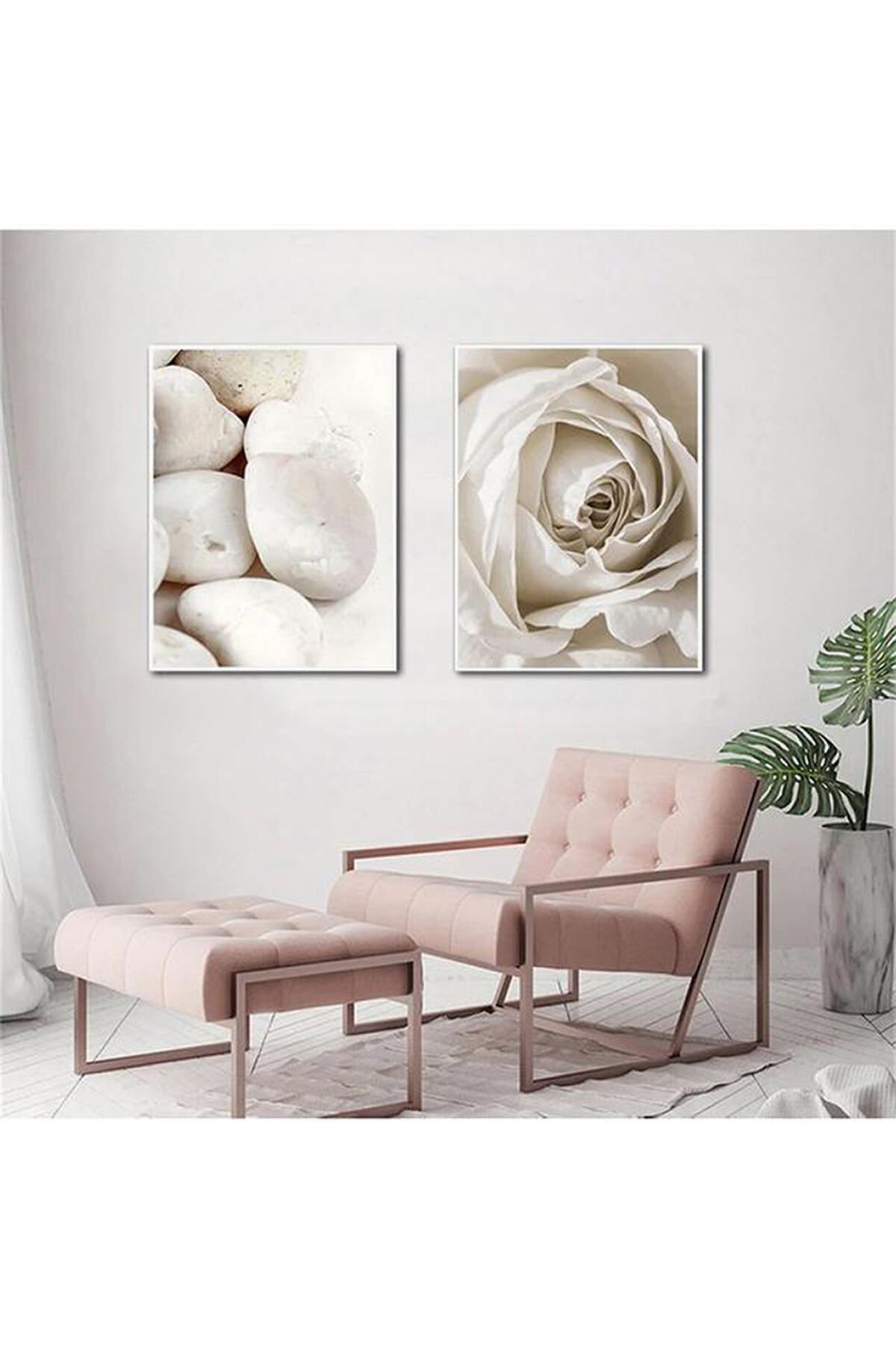 2li Beyaz Metal Çerçeveli Soft Çiçek Taş Cam Tablo Seti